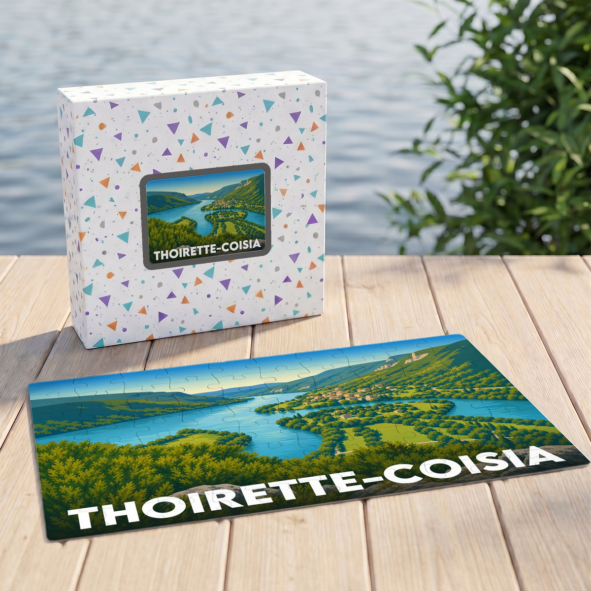 Puzzle souvenir de la ville de Thoirette-Coisia présentant un paysage de rivière avec sa boîte assortie sur une terrasse en bois.