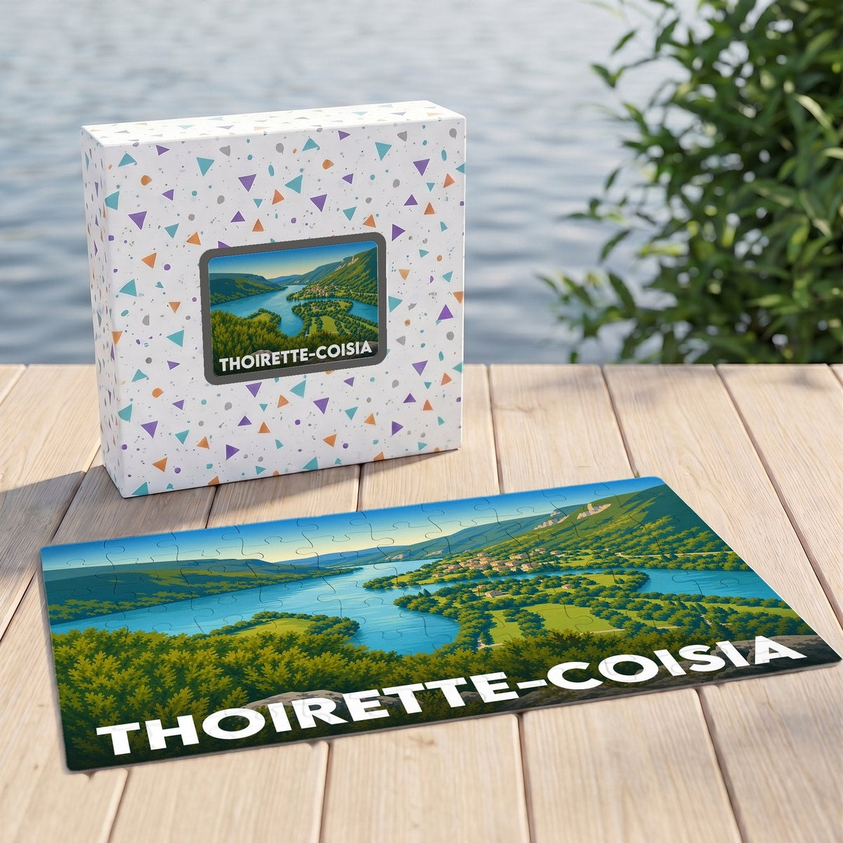 Puzzle souvenir de la ville de Thoirette-Coisia présentant un paysage de rivière avec sa boîte assortie sur une terrasse en bois.