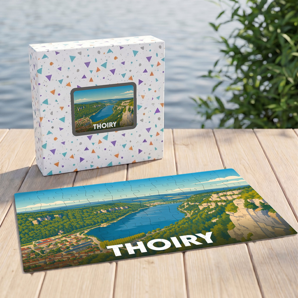 Puzzle souvenir de la ville de Thoiry avec une illustration de paysage panoramique.