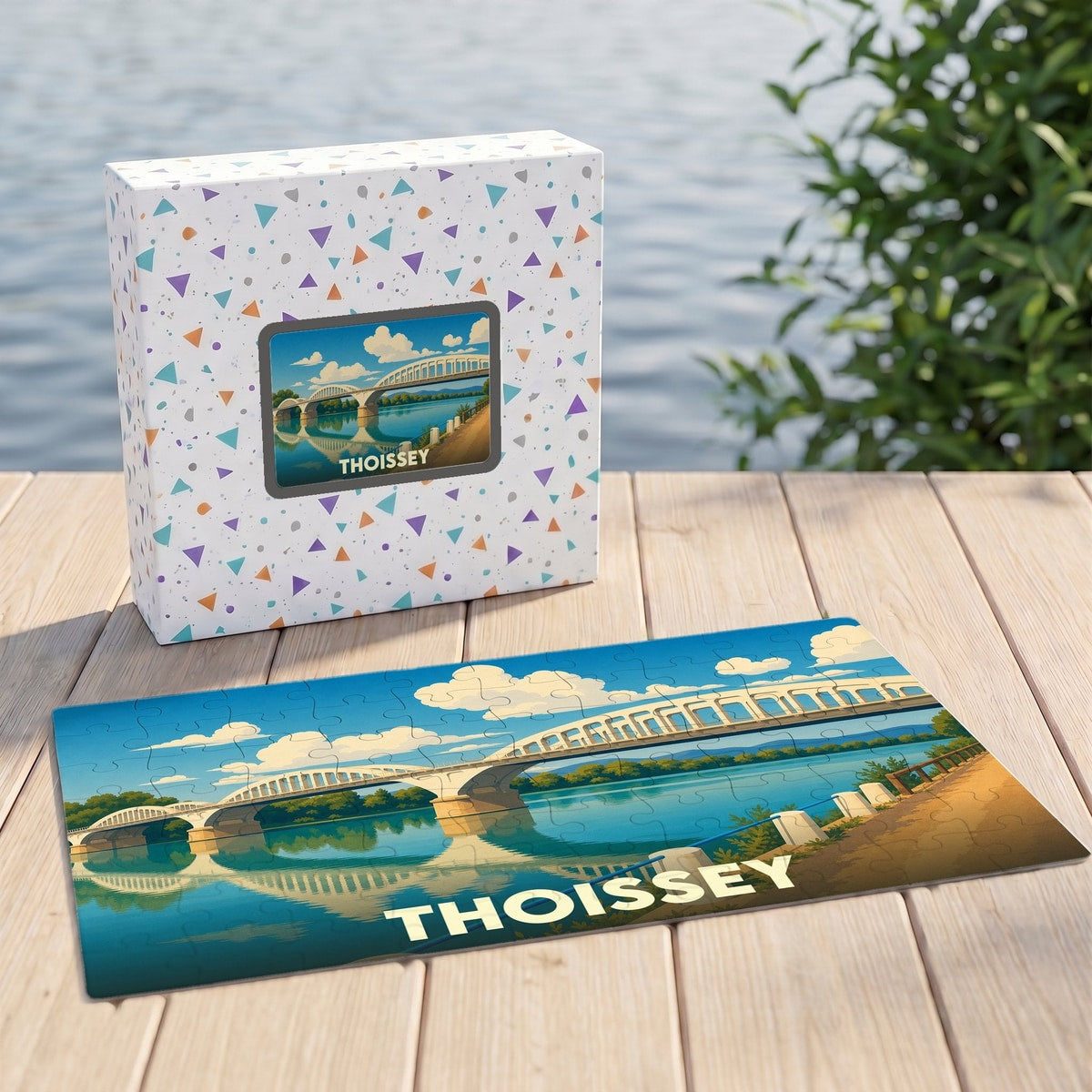 Puzzle souvenir de la ville de Thoissey représentant son pont avec une illustration stylisée.