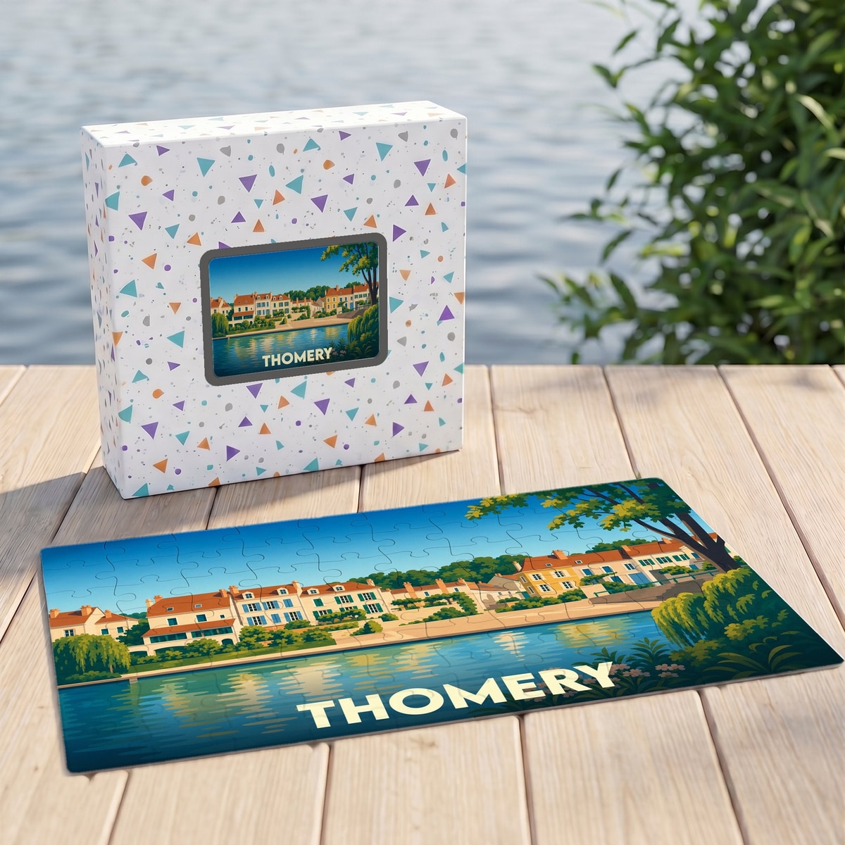 Puzzle souvenir de la ville de Thomery avec une illustration colorée des bords de Seine.