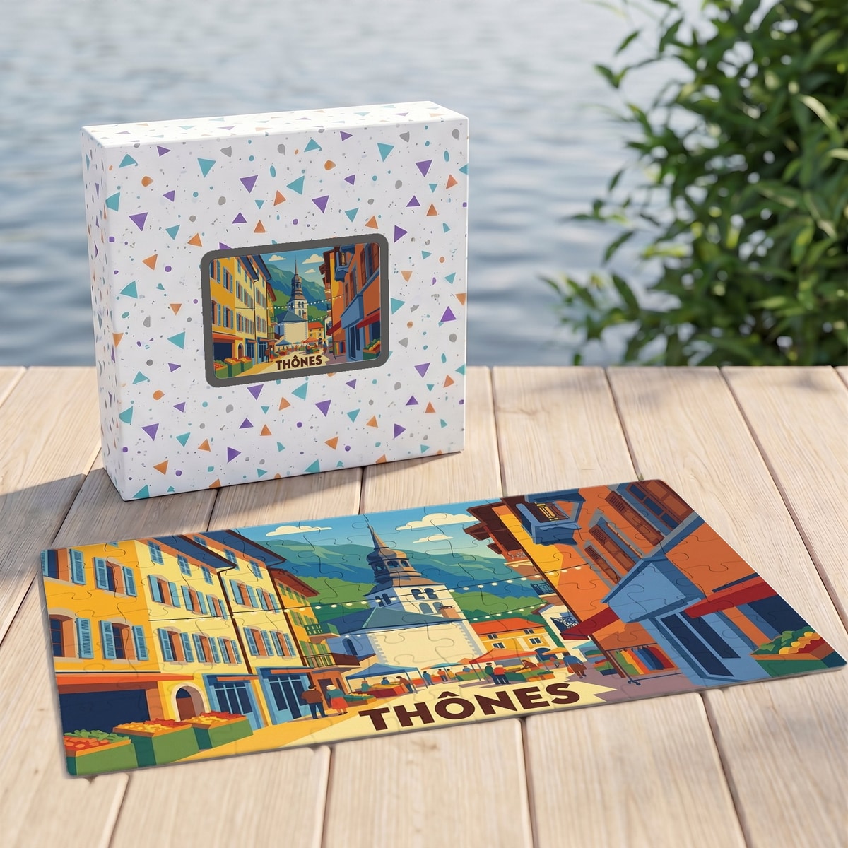 Puzzle souvenir de la ville de Thônes avec une illustration stylisée et sa boîte assortie posés sur un ponton en bois.