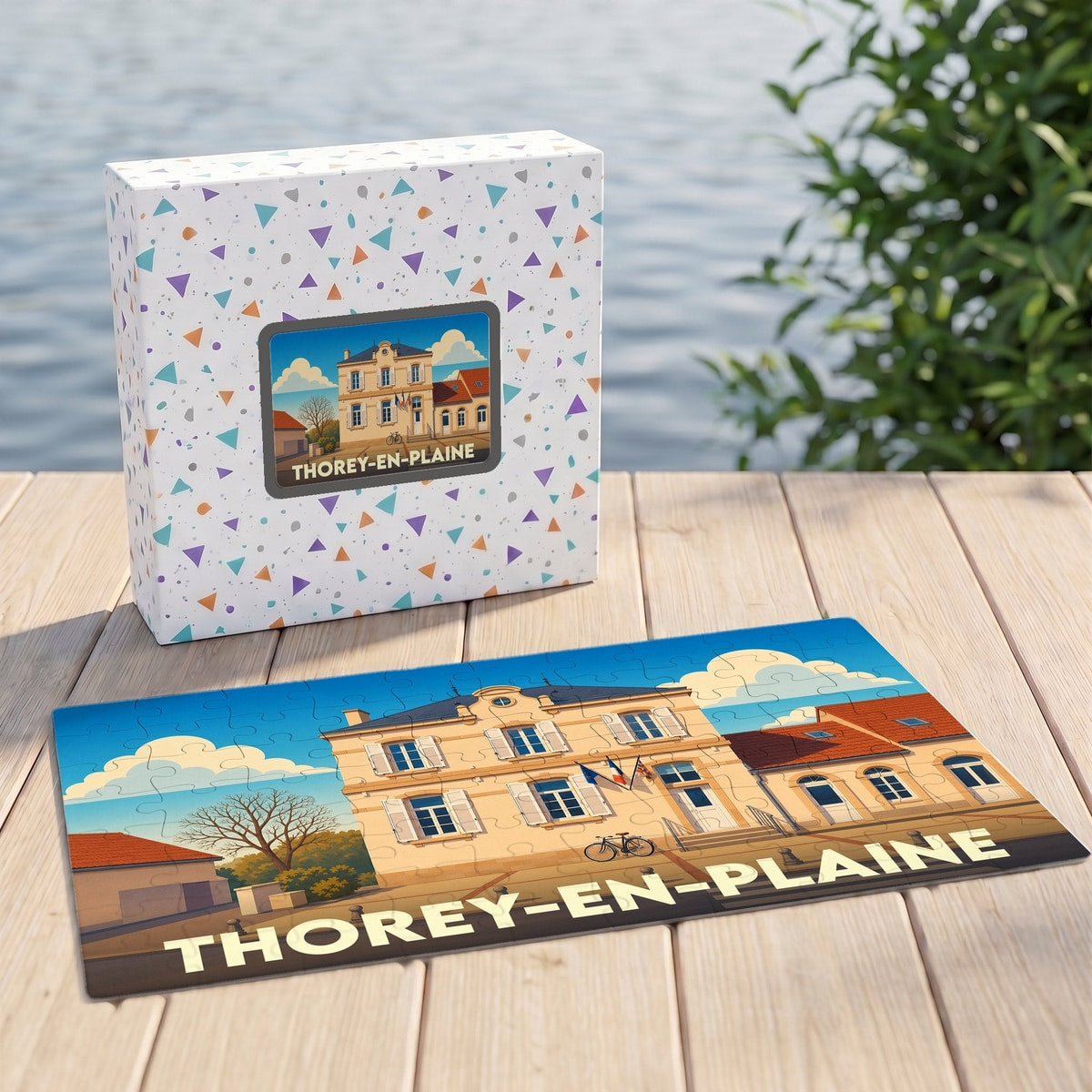 Puzzle souvenir de la ville de Thorey-en-Plaine avec une illustration stylisée de sa mairie.