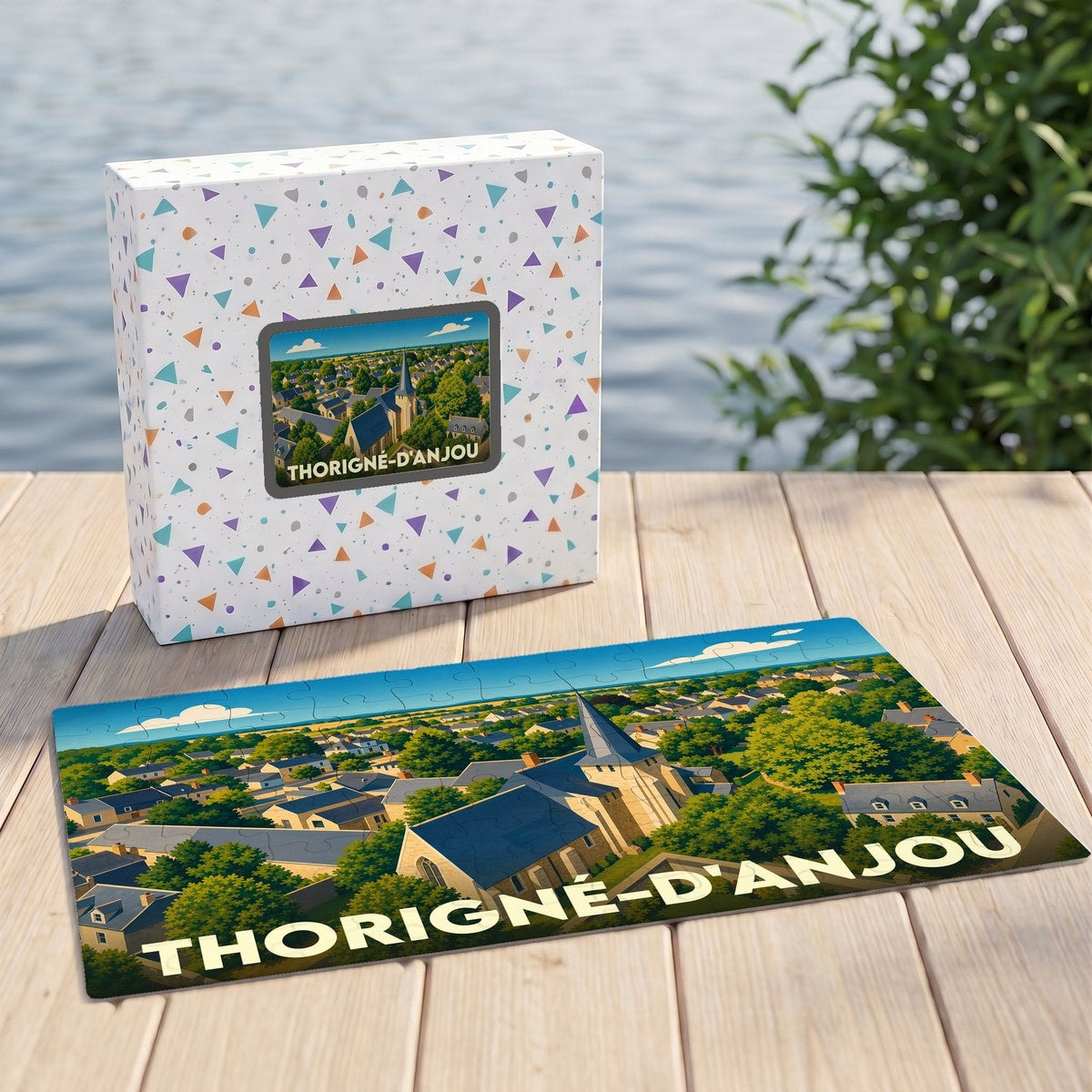 Puzzle souvenir de la ville de Thorigné-d'Anjou avec une illustration stylisée de son paysage urbain et de son église.