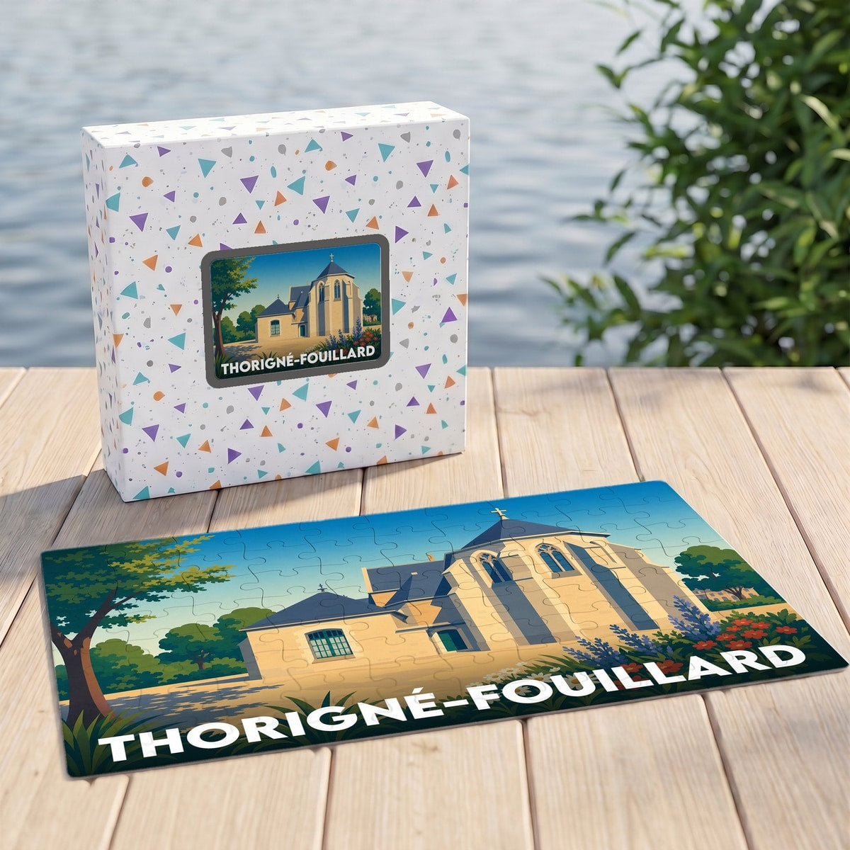 Puzzle souvenir de la ville de Thorigné-Fouillard avec une illustration stylisée de son église.