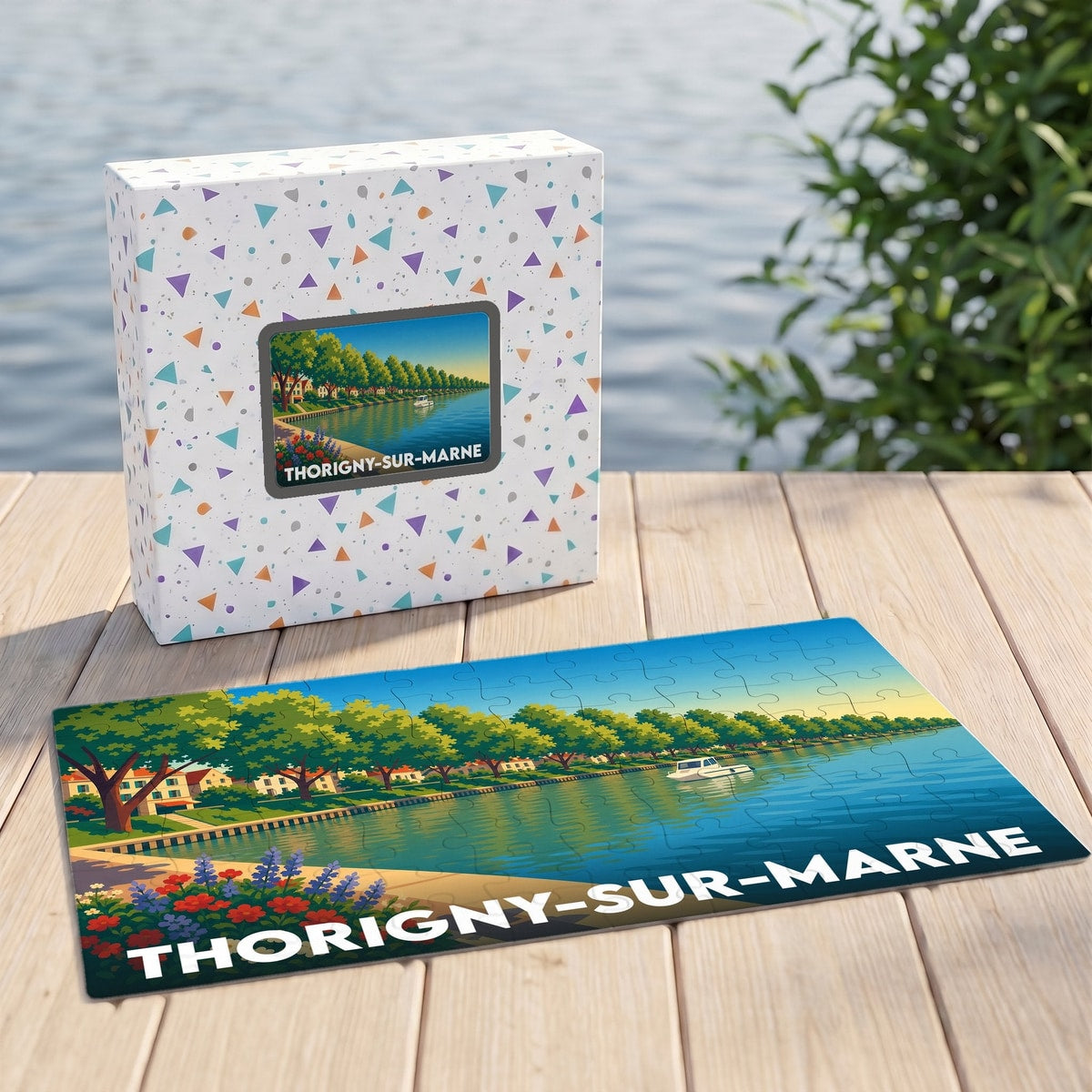 Puzzle souvenir de la ville de Thorigny-sur-Marne avec une illustration stylisée des bords de Marne.