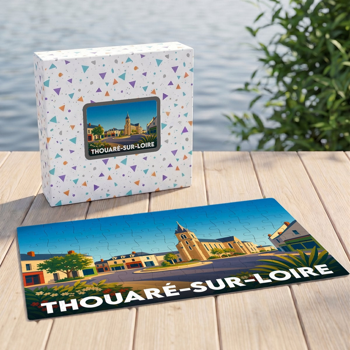 Puzzle souvenir de la ville de Thouaré-sur-Loire avec une illustration stylisée et colorée.