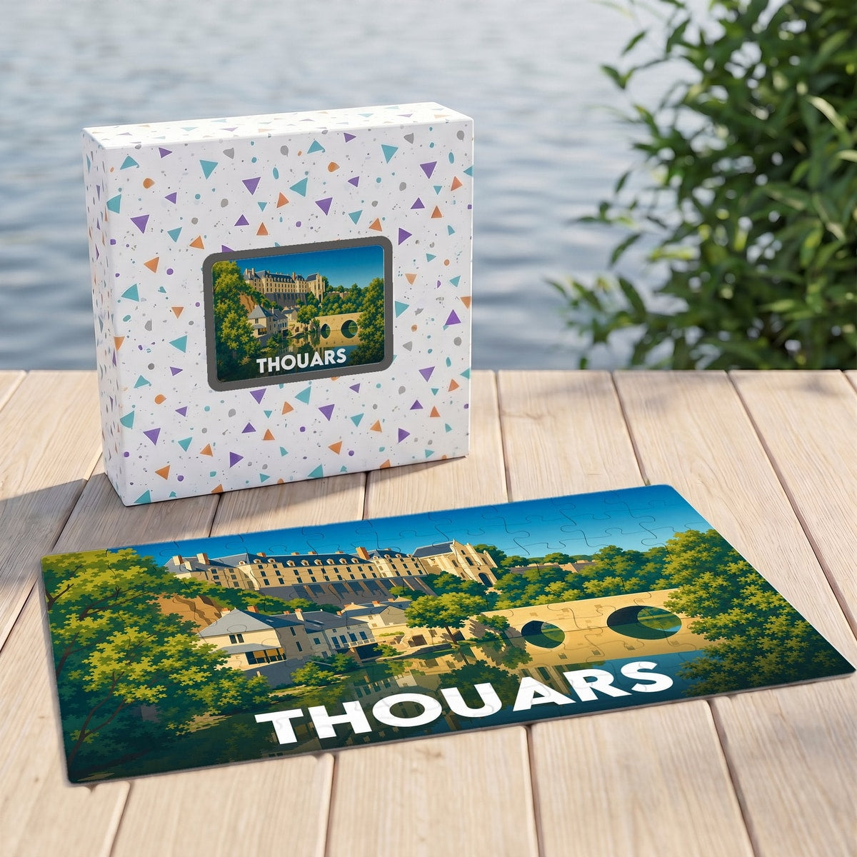 Puzzle souvenir de la ville de Thouars avec une illustration stylisée de son château et de son pont.