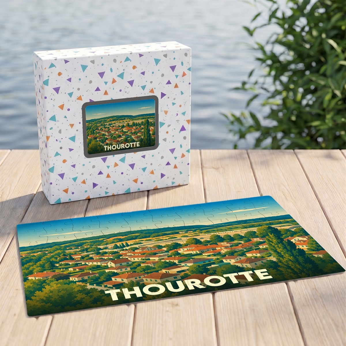 Puzzle souvenir de la ville de Thourotte avec une illustration panoramique stylisée.