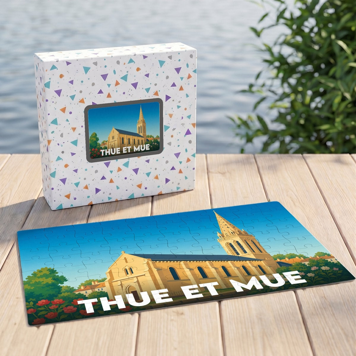 Puzzle souvenir de la commune de Thue et Mue illustré d'une église stylisée et accompagné de sa boîte.