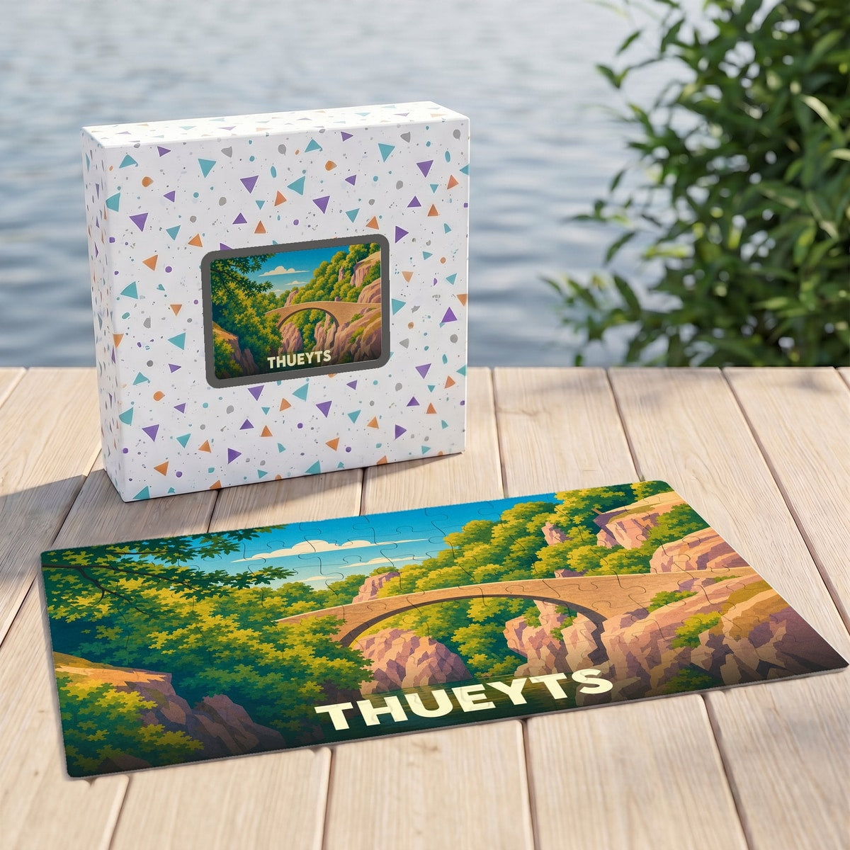 Puzzle souvenir de la ville de Thueyts illustré par un paysage de pont en arc dans une gorge verdoyante.
