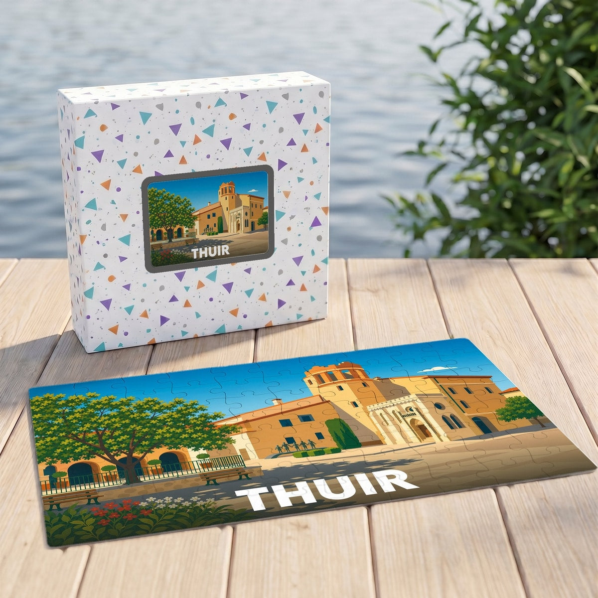 Puzzle souvenir de la ville de Thuir avec une illustration stylisée et colorée présentée sur une table en bois.