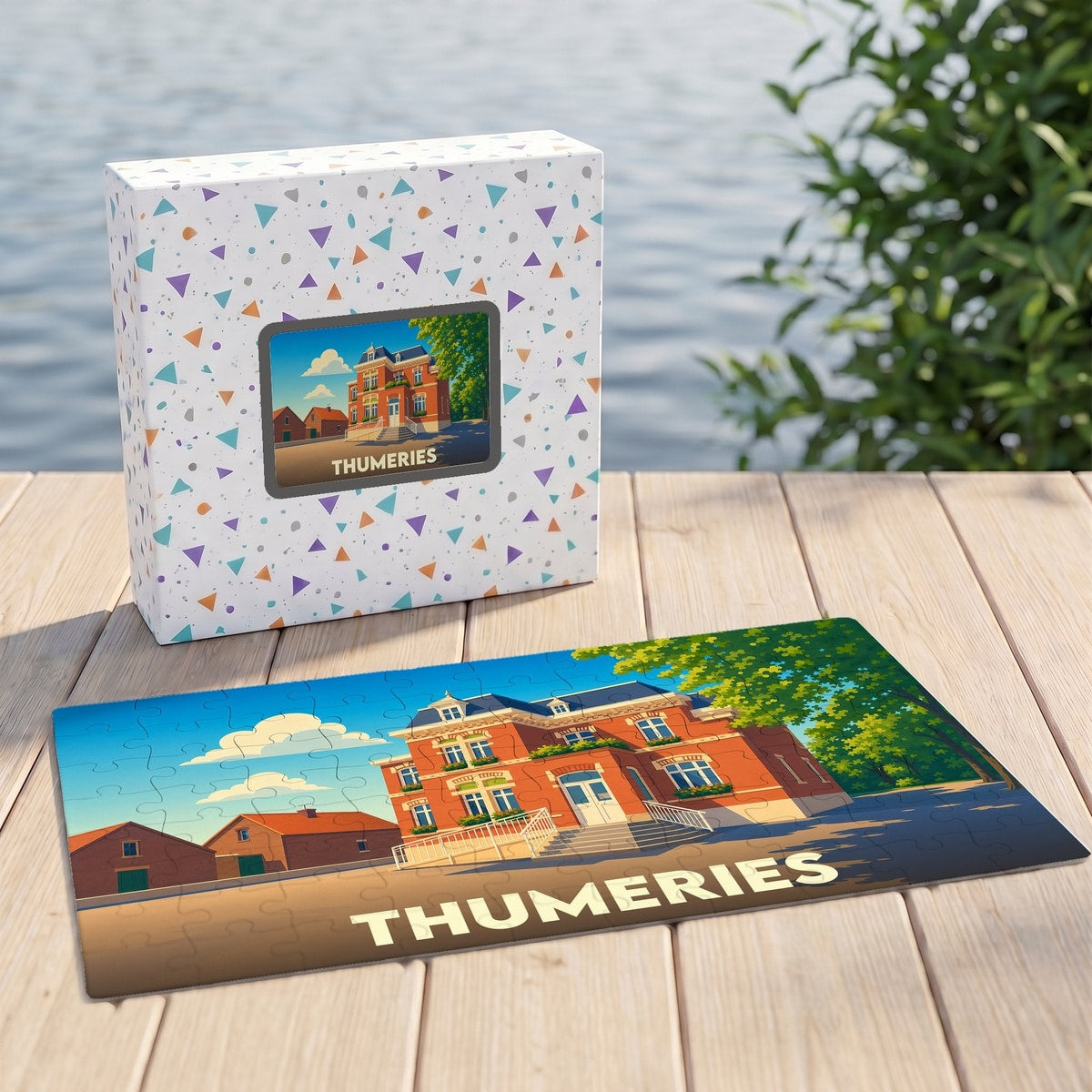 Puzzle souvenir de la ville de Thumeries avec une illustration stylisée d'un bâtiment en briques rouges.
