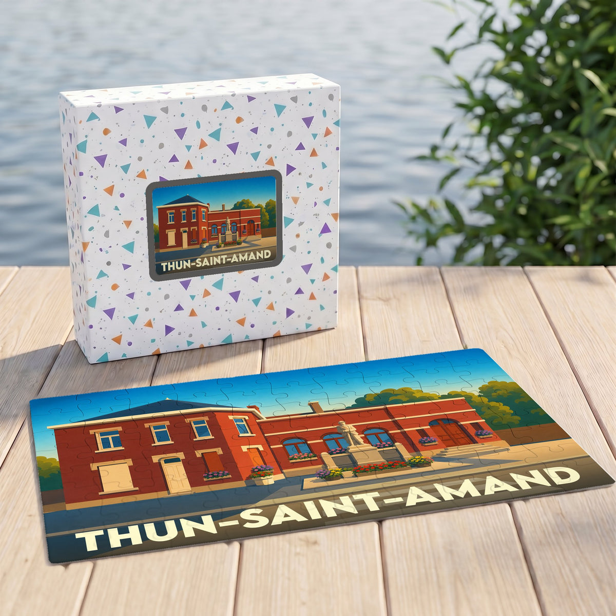 Puzzle souvenir de la ville de Thun-Saint-Amand avec une illustration stylisée d'un bâtiment en briques rouges.