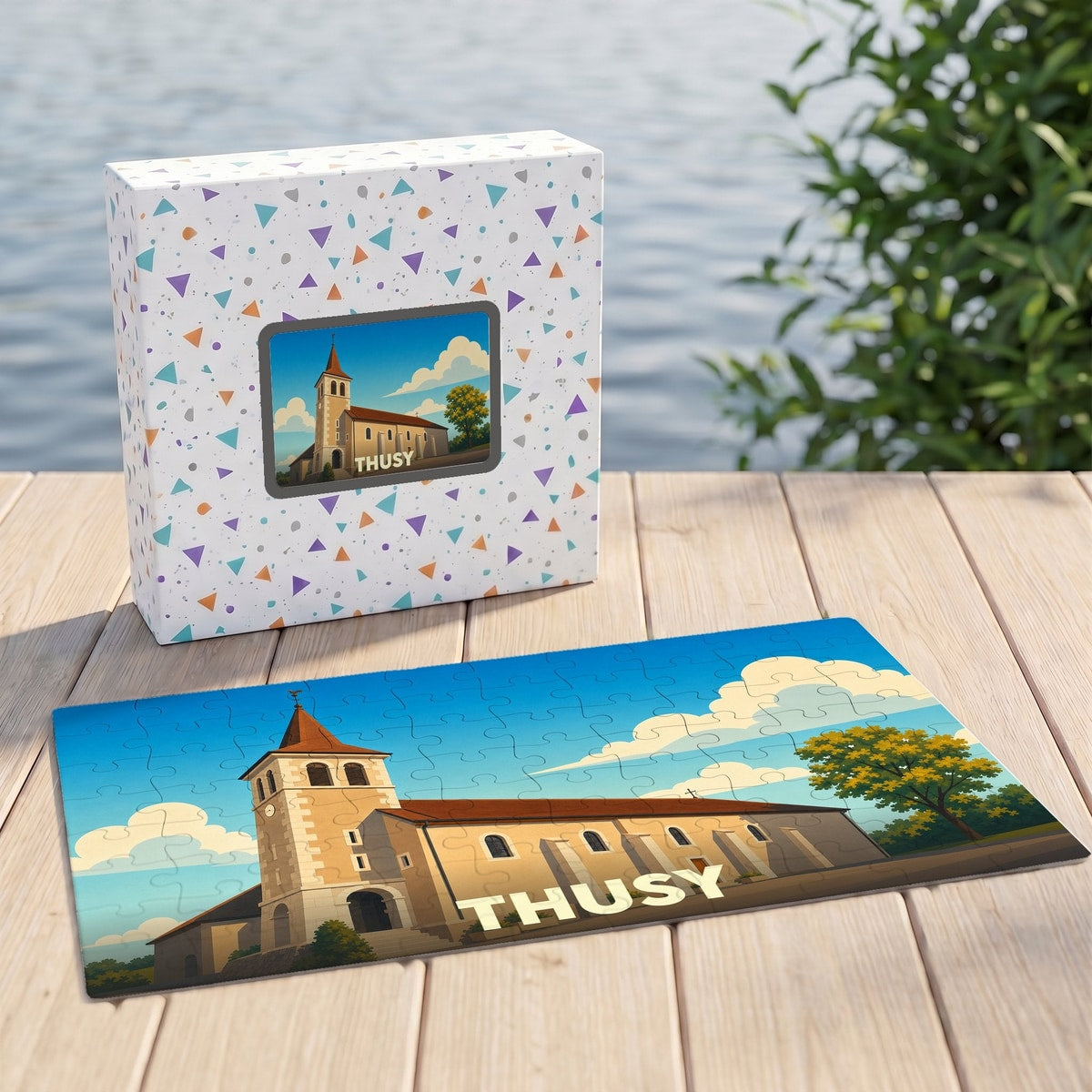 Puzzle souvenir de la ville de Thusy avec une illustration stylisée de son église.