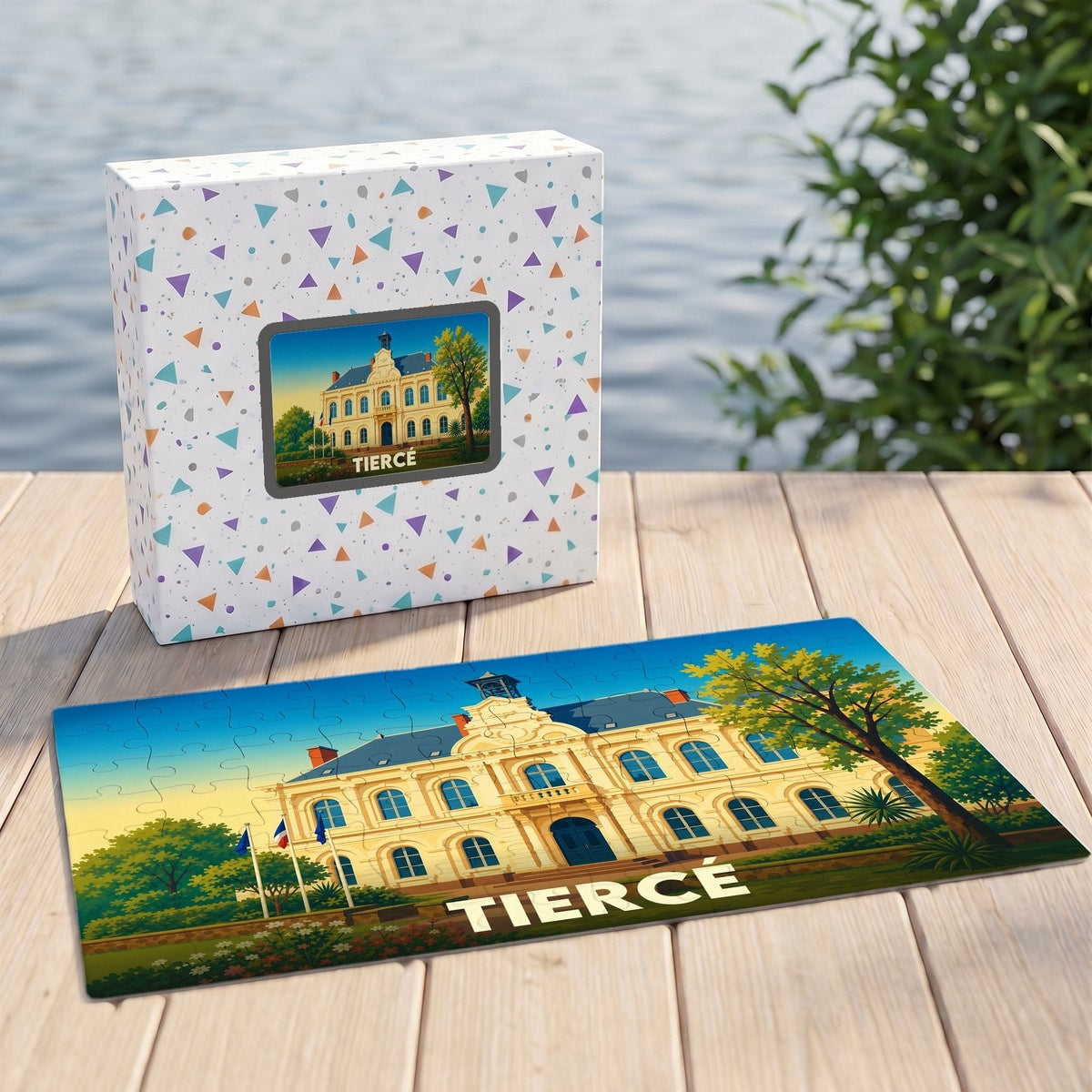 Puzzle souvenir de la ville de Tiercé avec une illustration stylisée d'un bâtiment historique.