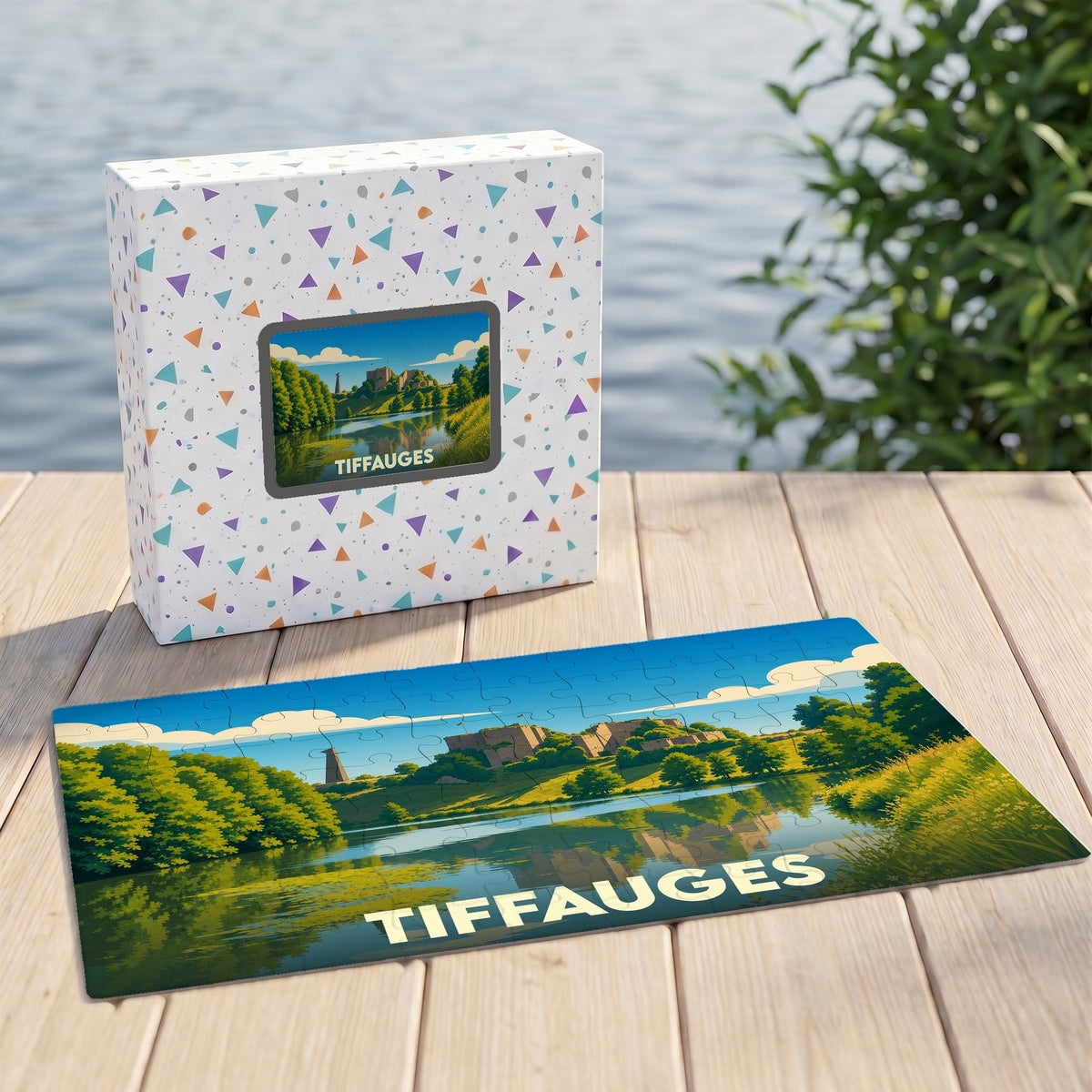 Puzzle souvenir de la ville de Tiffauges avec une illustration stylisée d'un paysage fluvial.