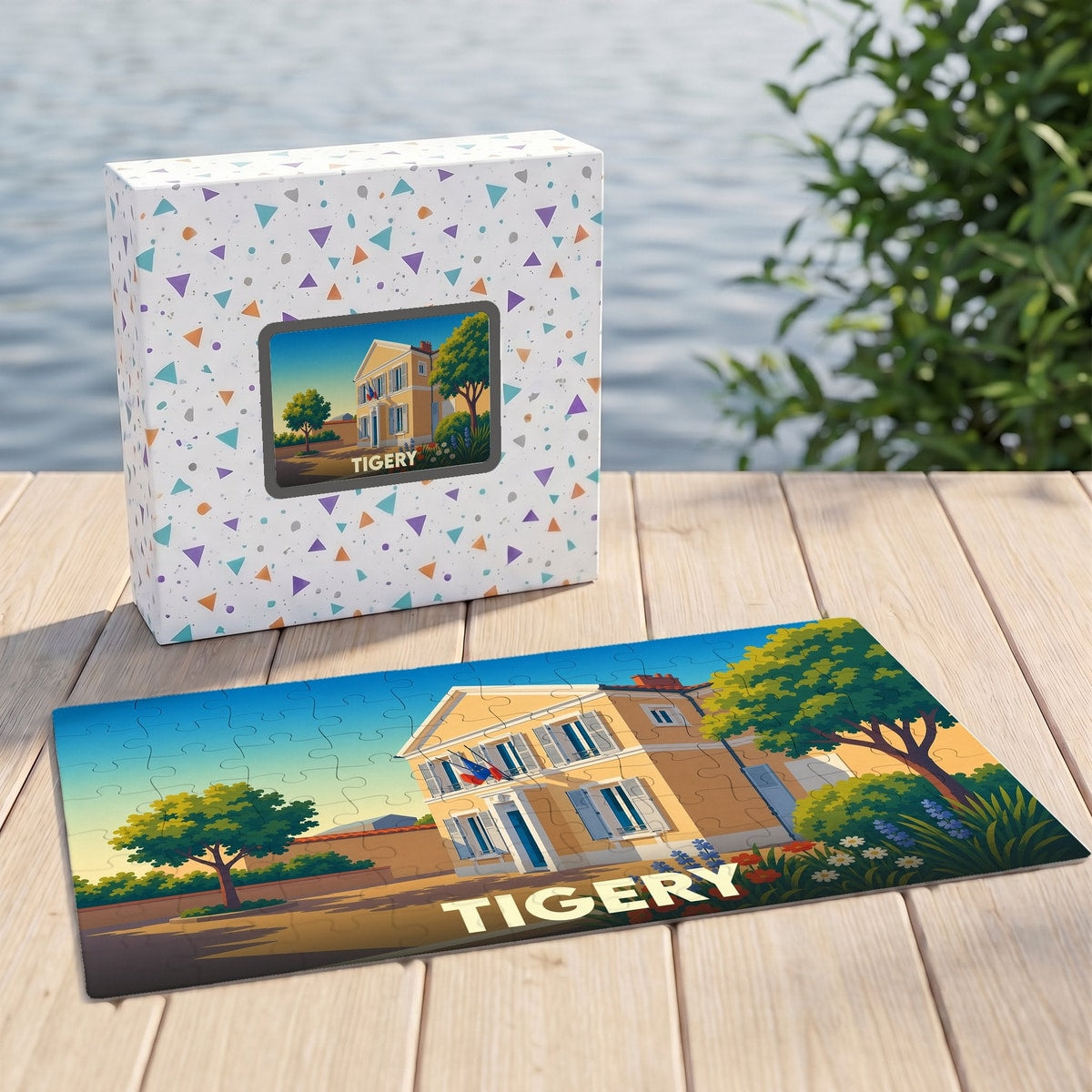 Puzzle souvenir de la ville de Tigery illustrant une maison bourgeoise sous un ciel ensoleillé.