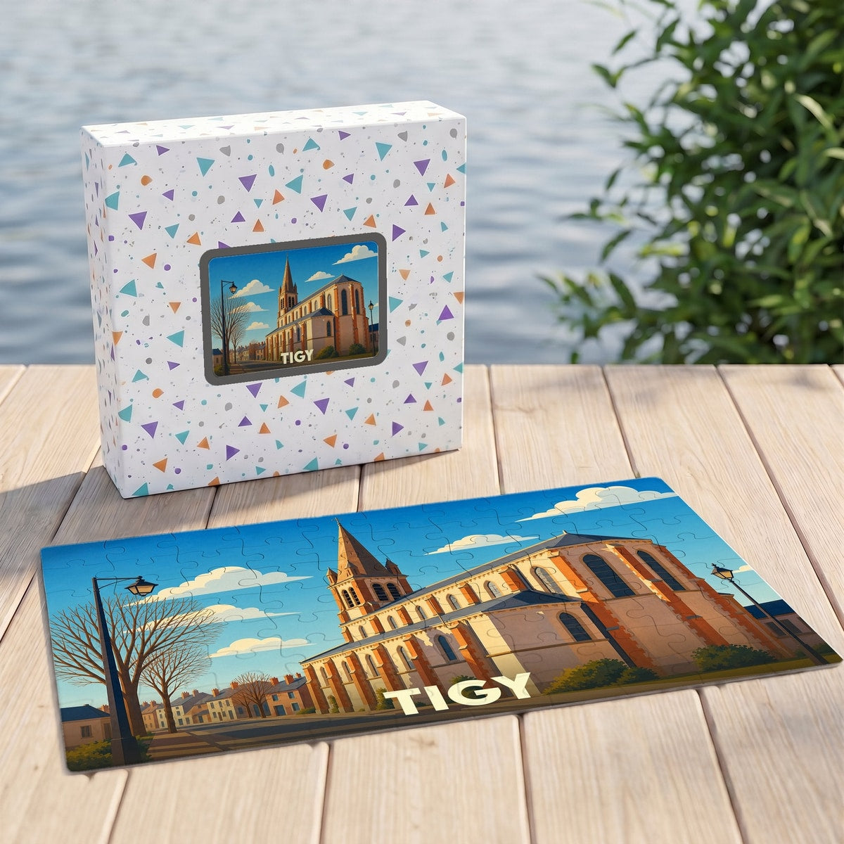 Puzzle souvenir de la ville de Tigy avec une illustration stylisée de son église.
