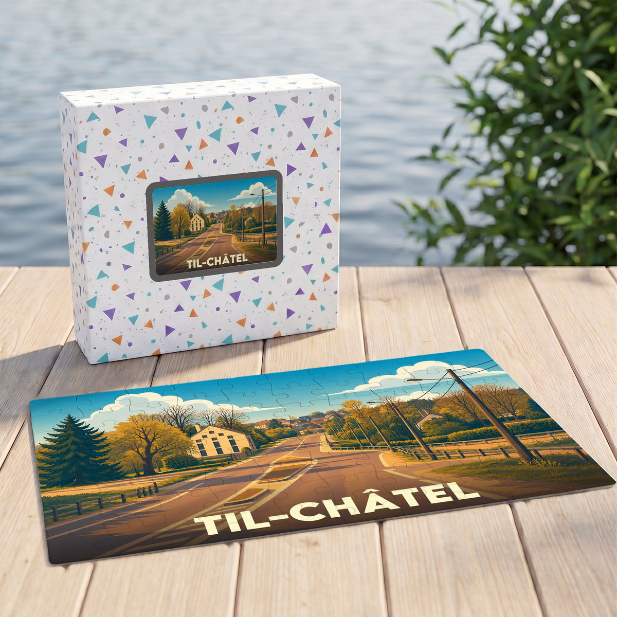 Puzzle souvenir de la ville de Til-Châtel avec une illustration stylisée de ses paysages.