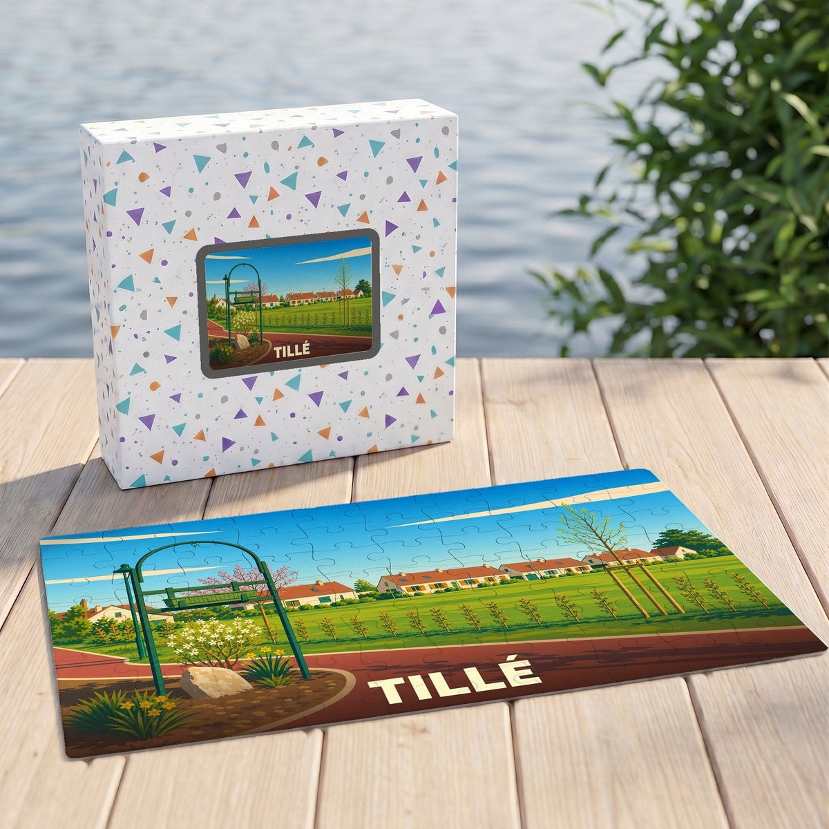 Puzzle souvenir de la ville de Tillé illustrant un paysage urbain verdoyant.