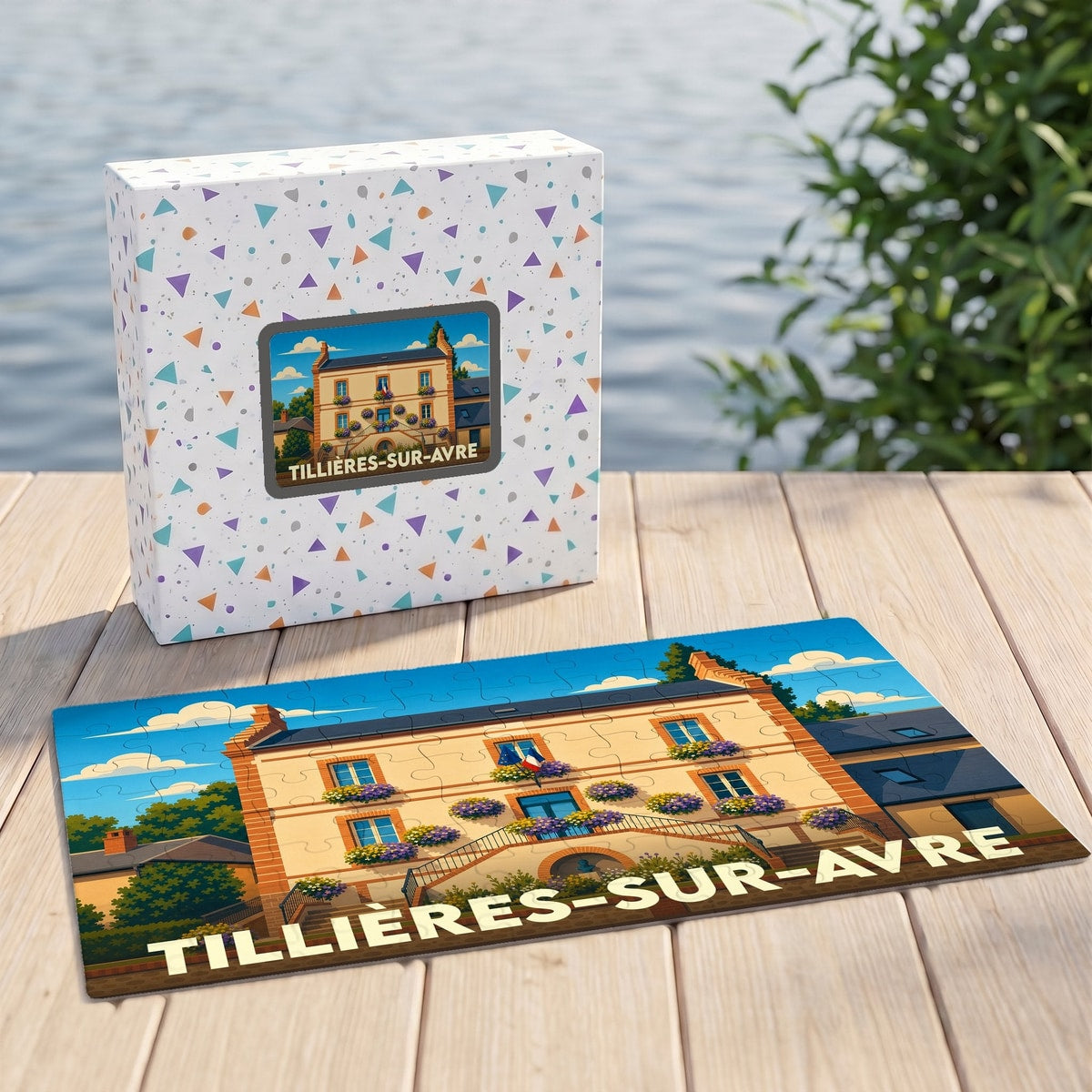 Puzzle souvenir de la ville de Tillières-sur-Avre avec une illustration colorée de l'hôtel de ville.