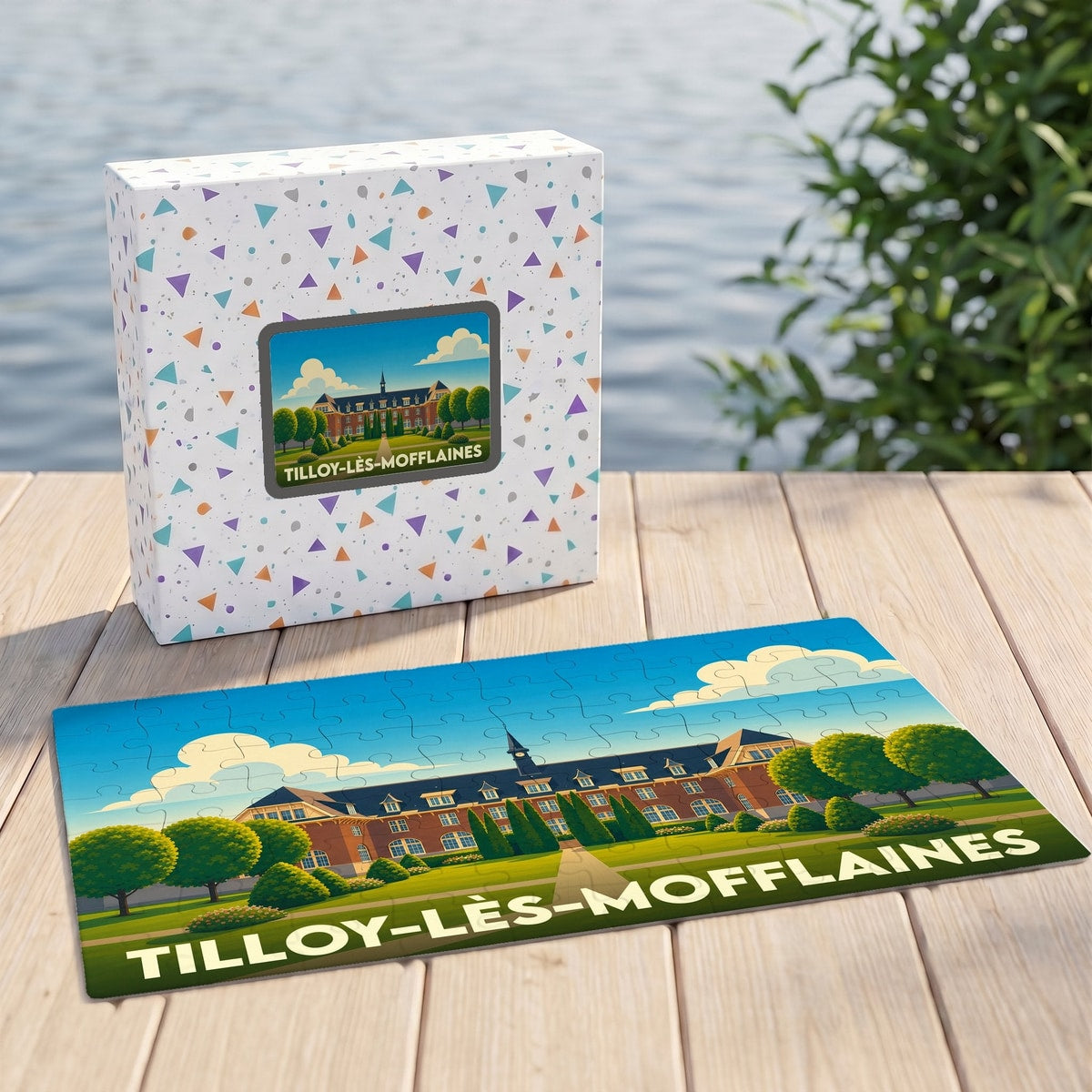 Puzzle souvenir de la ville de Tilloy-lès-Mofflaines avec une illustration stylisée de son patrimoine.