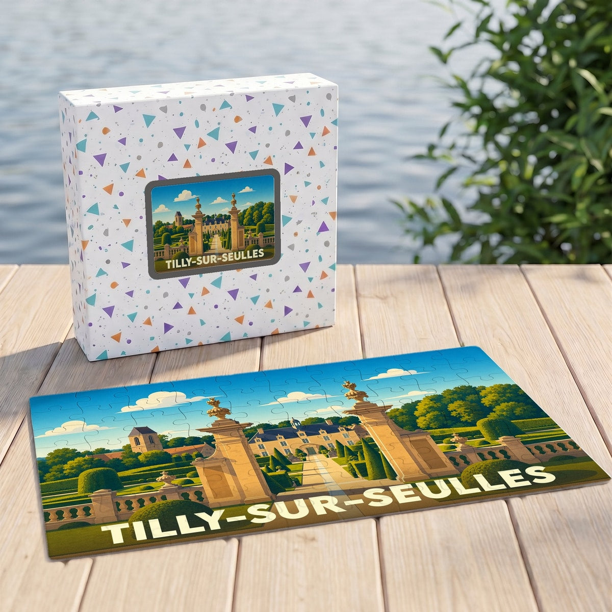 Puzzle souvenir de la ville de Tilly-sur-Seulles avec une illustration stylisée d'un domaine historique.