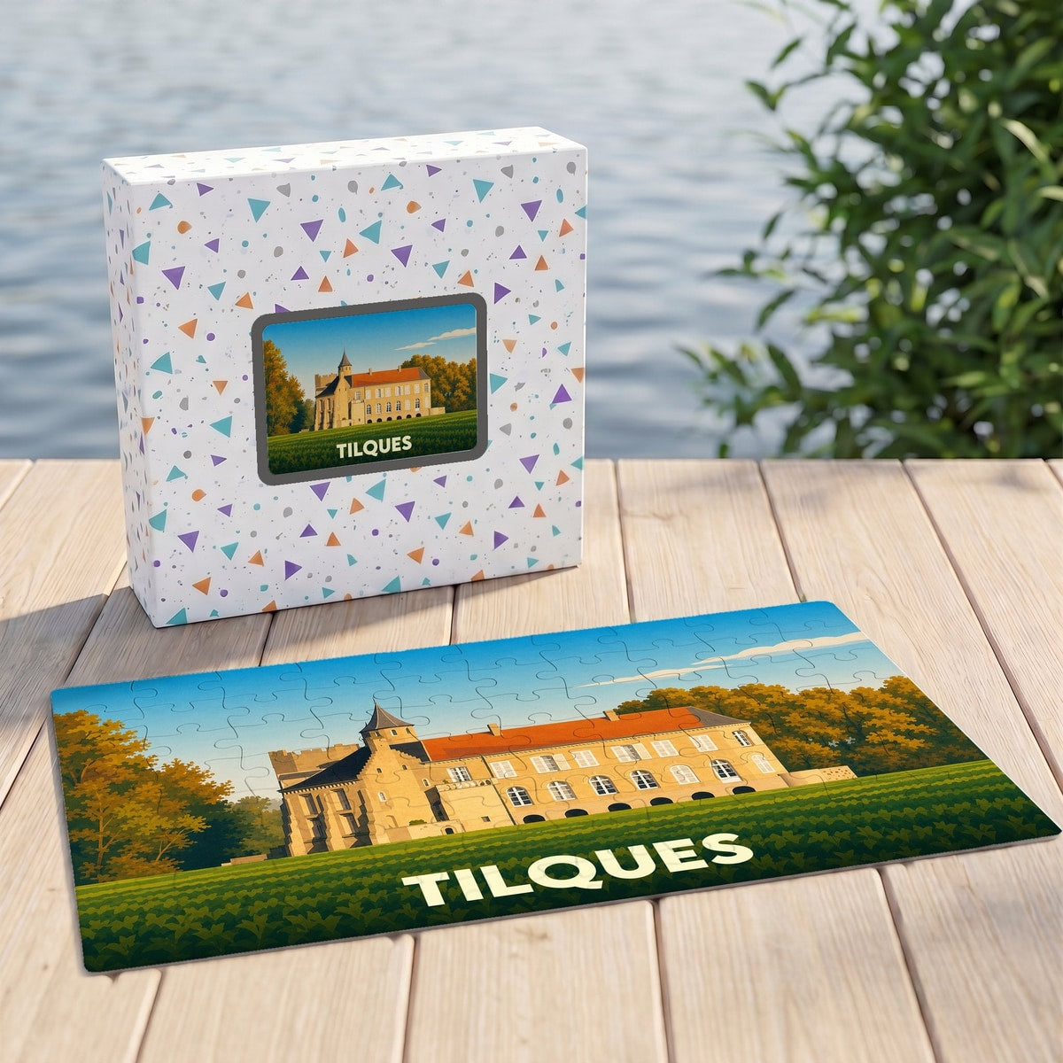 Puzzle souvenir de la ville de Tilques illustrant son château sur un fond de paysage verdoyant.