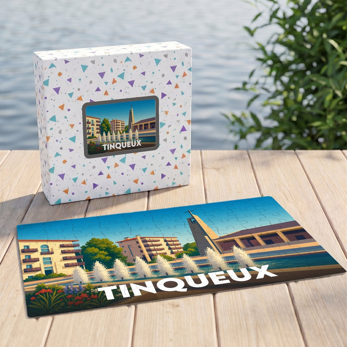 Puzzle souvenir de la ville de Tinqueux avec une illustration stylisée et colorée.