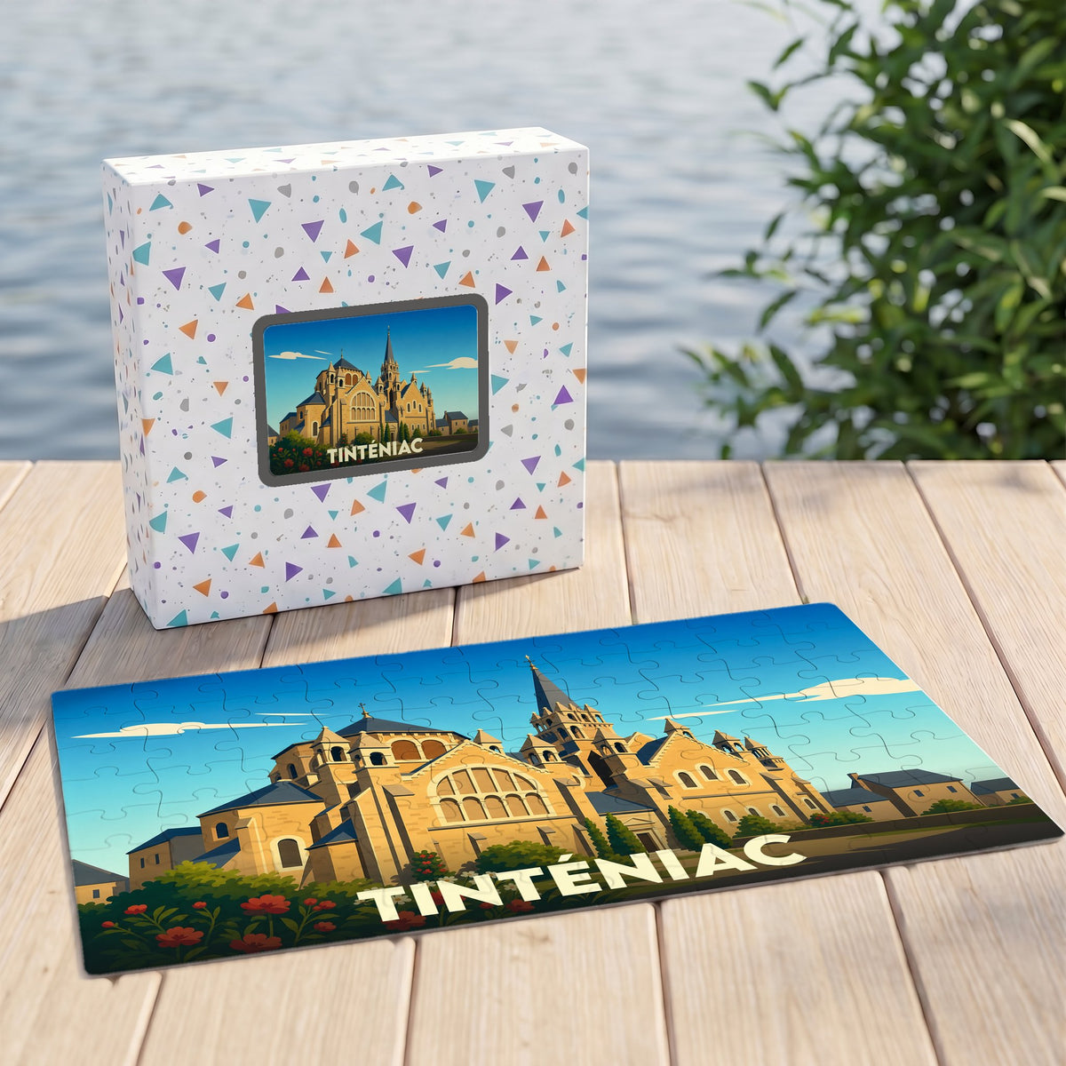 Puzzle souvenir de la ville de Tinténiac avec une illustration stylisée de son église et de son nom.