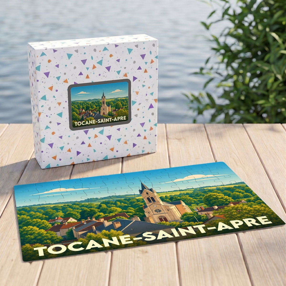 Puzzle souvenir de la ville de Tocane-Saint-Apre avec une illustration stylisée de son église et de son paysage verdoyant.