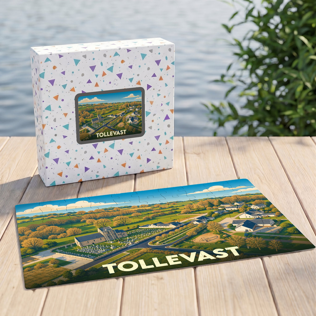 Puzzle souvenir de la ville de Tollevast avec une illustration stylisée de son paysage et de ses monuments.
