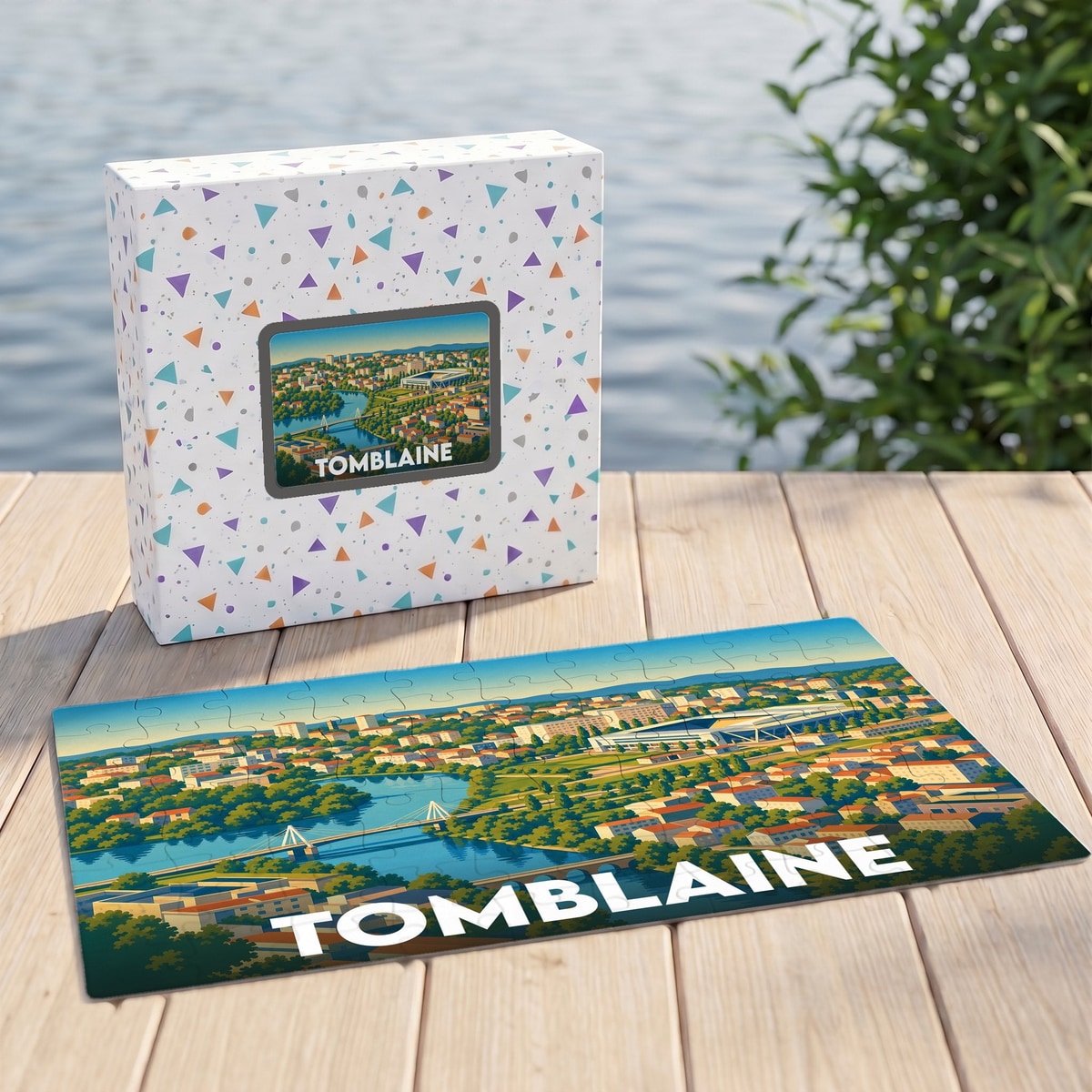 Puzzle souvenir de la ville de Tomblaine avec une illustration panoramique stylisée.