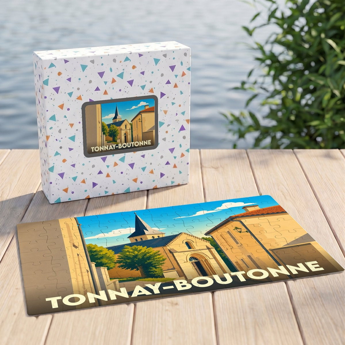 Puzzle souvenir de la ville de Tonnay-Boutonne avec une illustration stylisée.