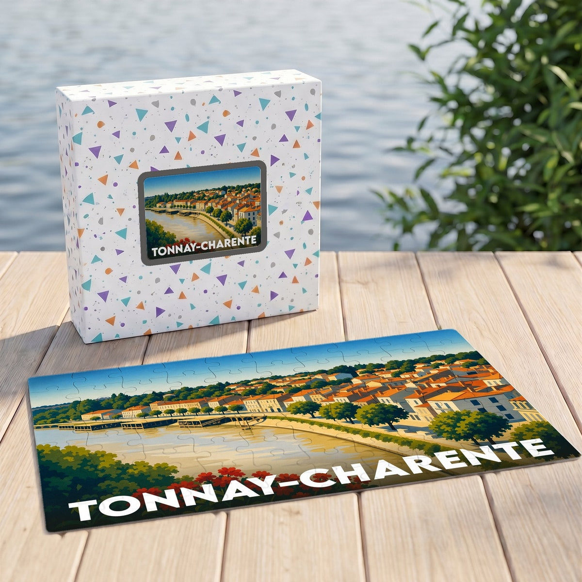 Puzzle souvenir de la ville de Tonnay-Charente avec une illustration stylisée d'un paysage urbain au bord de l'eau.