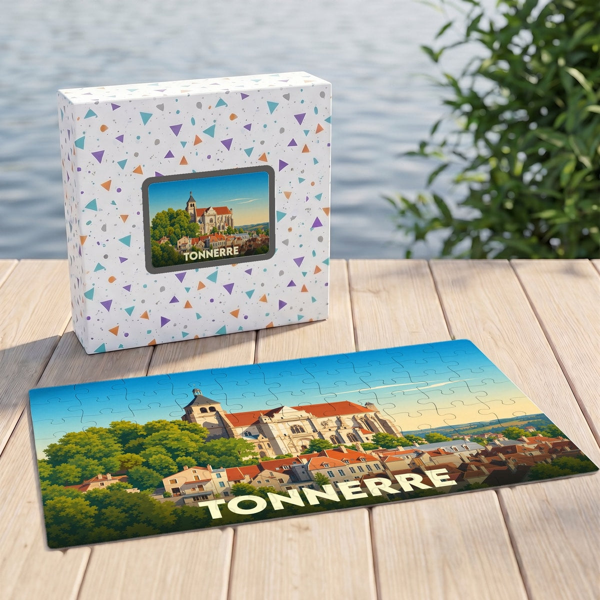 Puzzle souvenir de la ville de Tonnerre illustrant un paysage urbain historique.