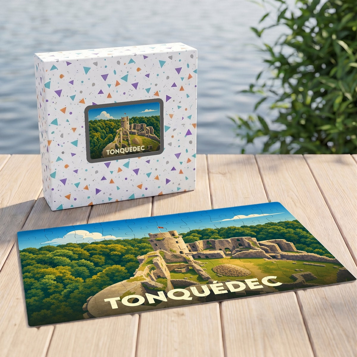 Puzzle souvenir de la ville de Tonquédec représentant les ruines de son château au cœur d'une forêt.