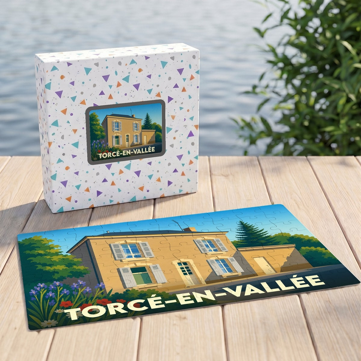 Puzzle souvenir de la ville de Torcé-en-Vallée avec une illustration stylisée d'une maison régionale.