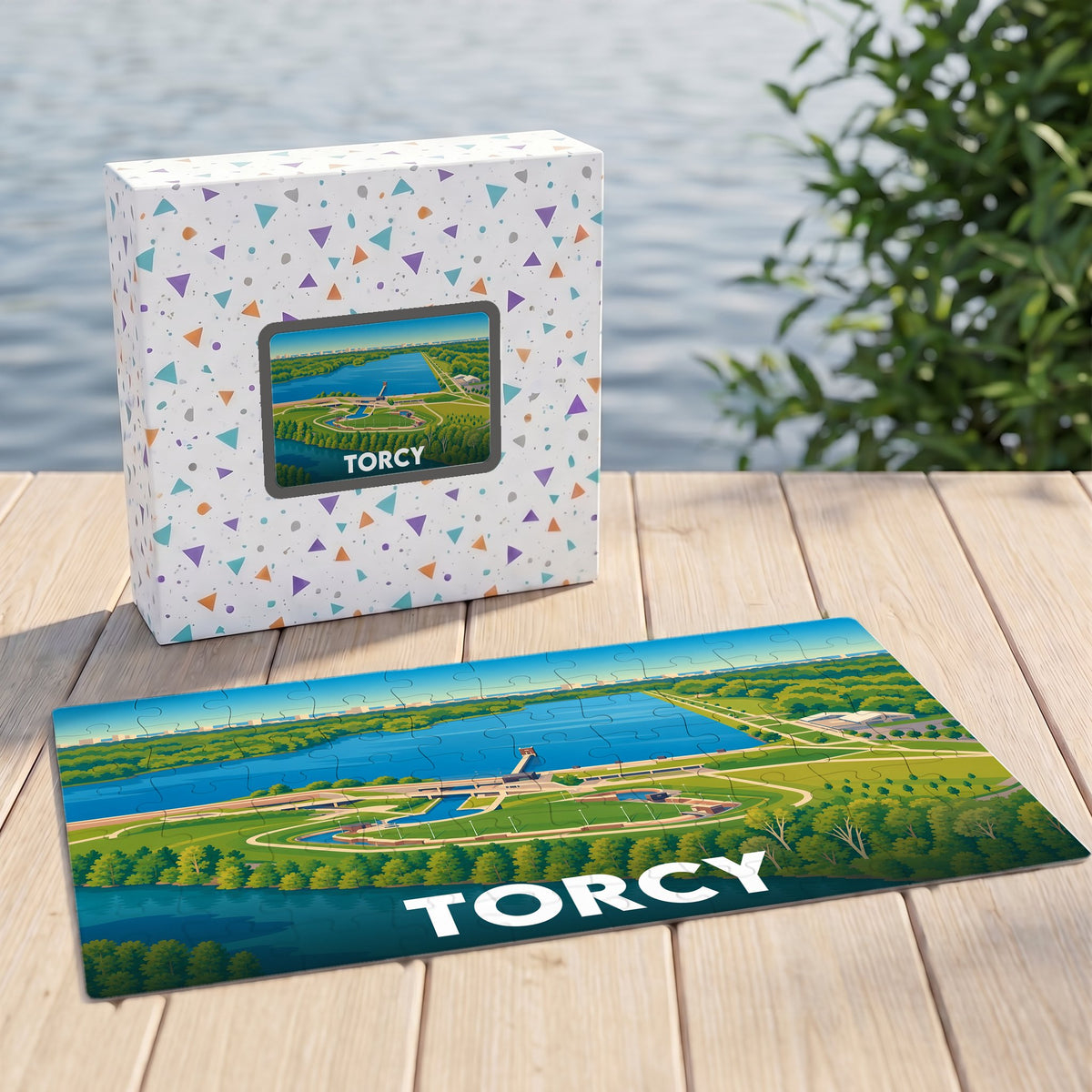 Puzzle souvenir de la ville de Torcy avec une illustration panoramique stylisée de sa base de loisirs.