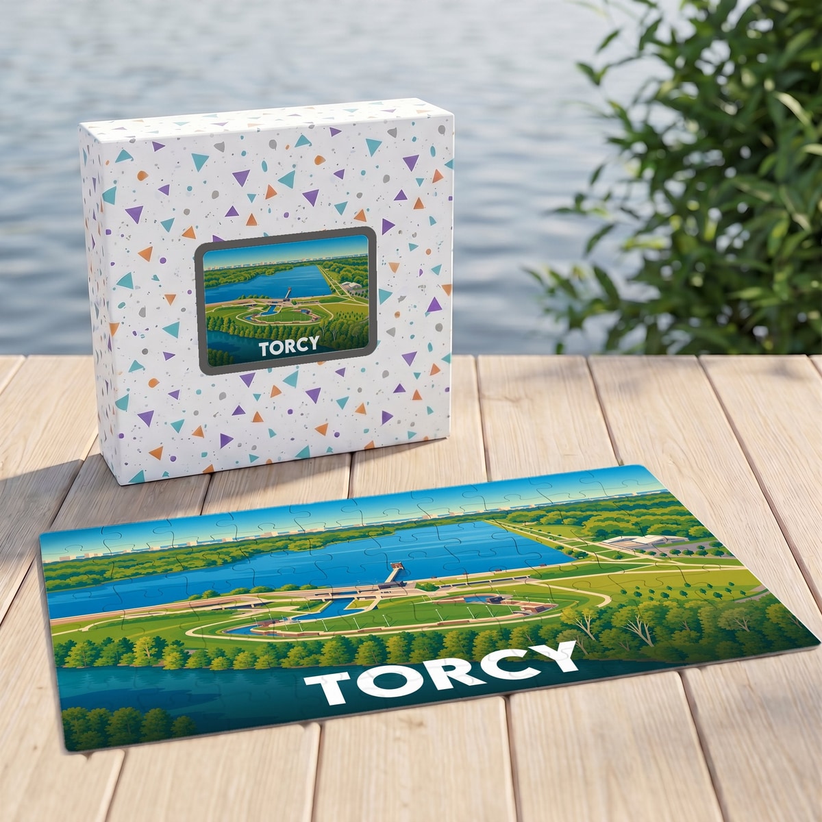 Puzzle souvenir de la ville de Torcy avec une illustration panoramique stylisée de sa base de loisirs.