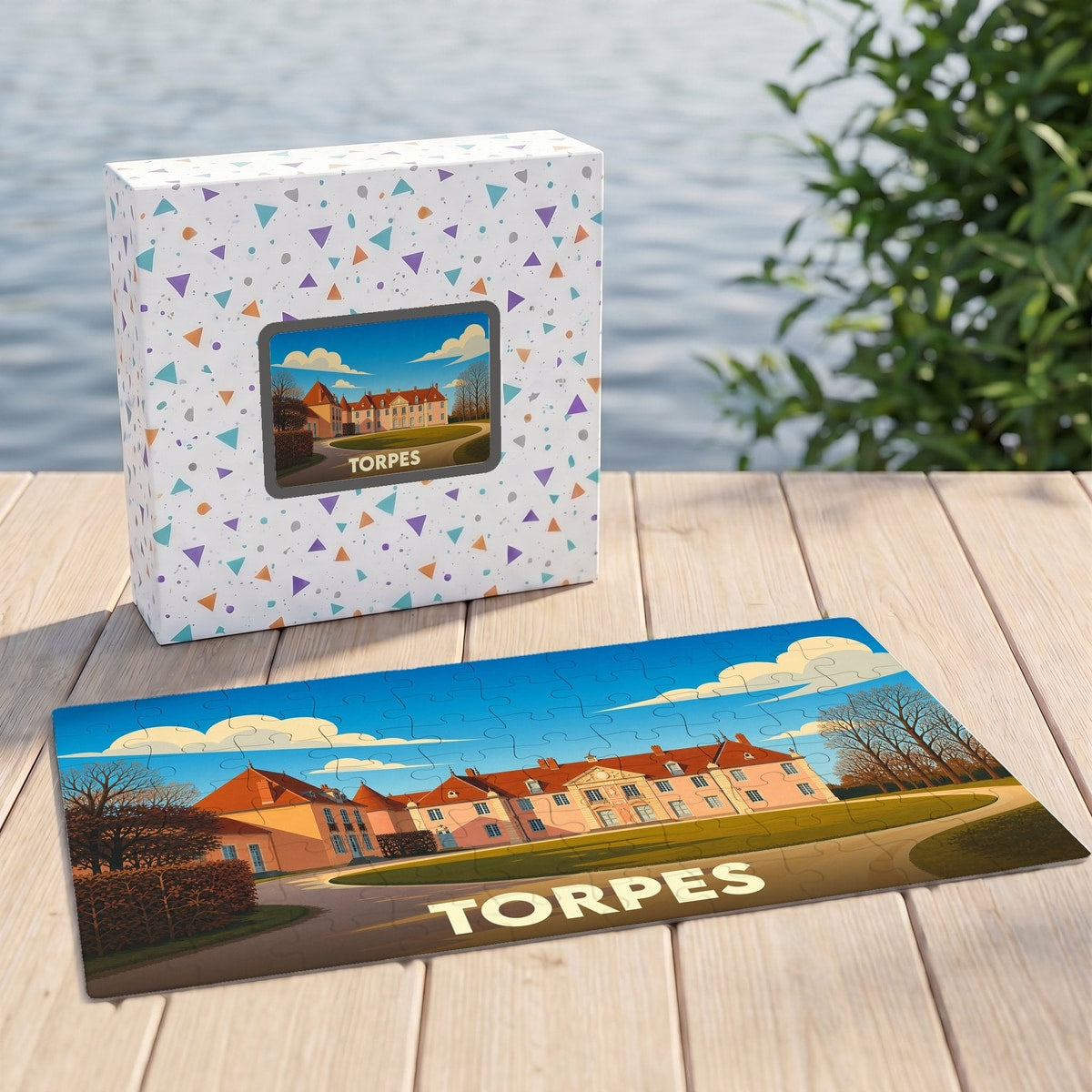Puzzle souvenir de la ville de Torpes avec une illustration stylisée d'un château.