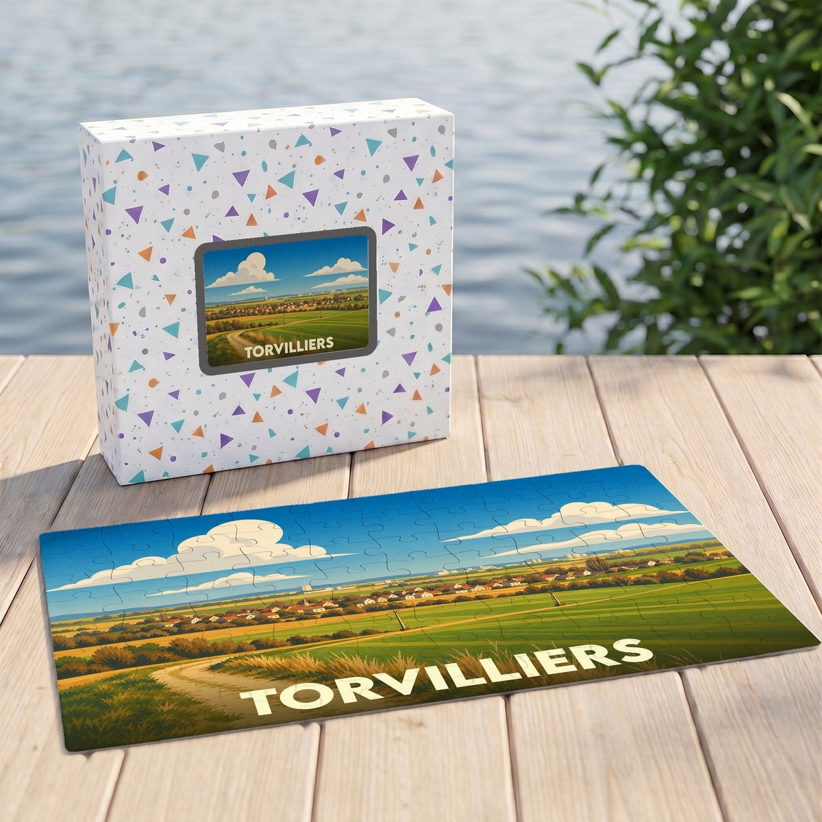 Puzzle souvenir de la ville de Torvilliers avec une illustration de paysage champêtre.