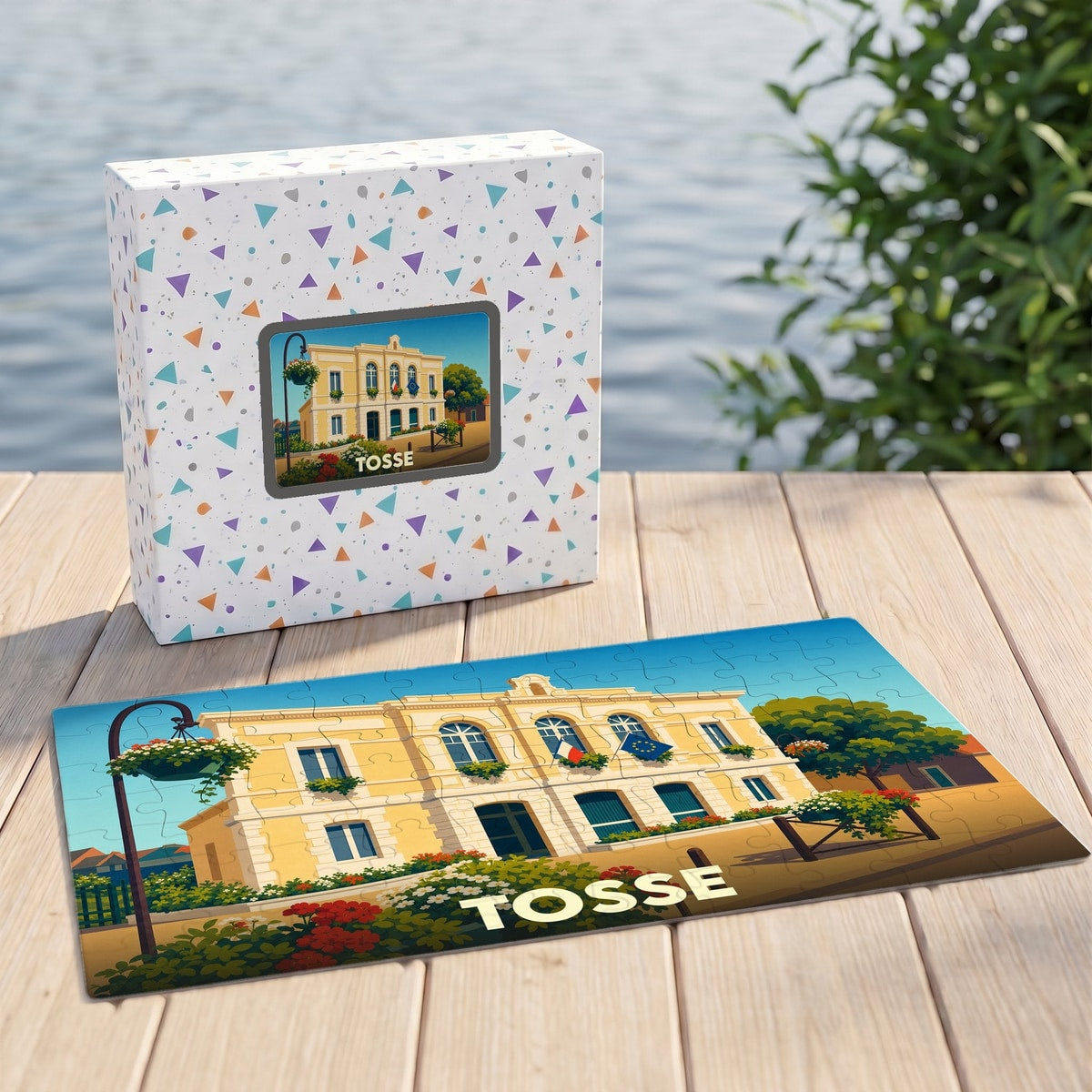 Puzzle souvenir de la ville de Tosse avec une illustration stylisée de sa mairie.