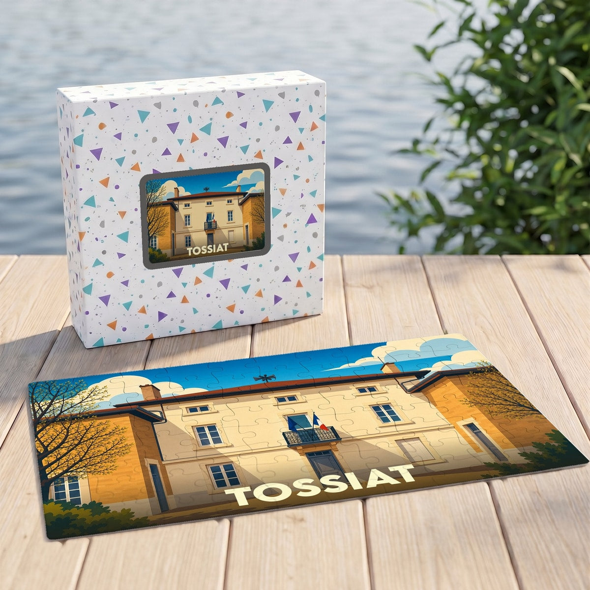 Puzzle souvenir de la ville de Tossiat représentant une illustration stylisée de sa mairie.