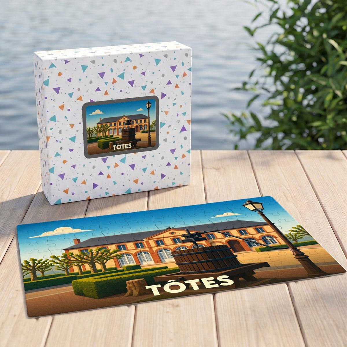Puzzle souvenir de la ville de Tôtes avec une illustration stylisée de son patrimoine.