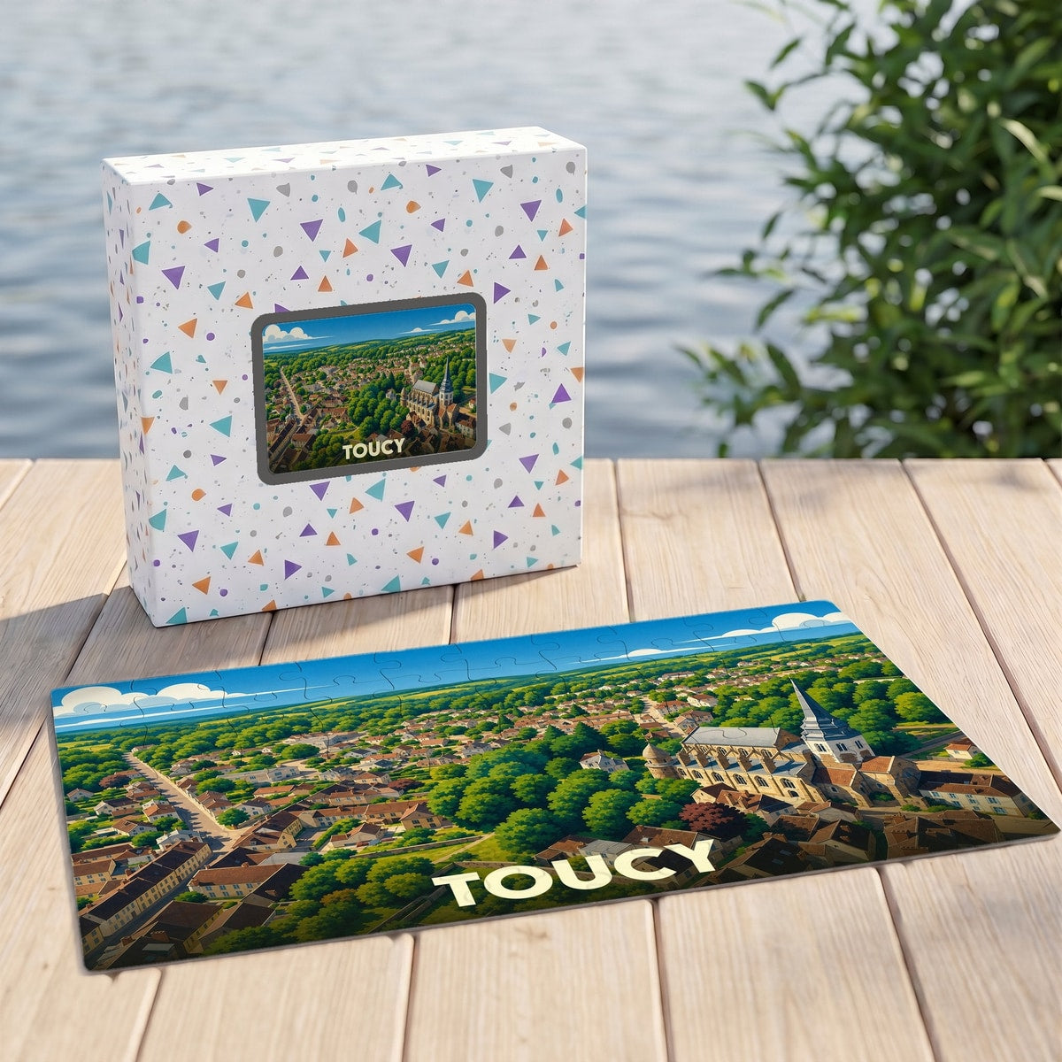 Puzzle souvenir de la ville de Toucy représentant une vue aérienne illustrée dans sa boîte assortie.