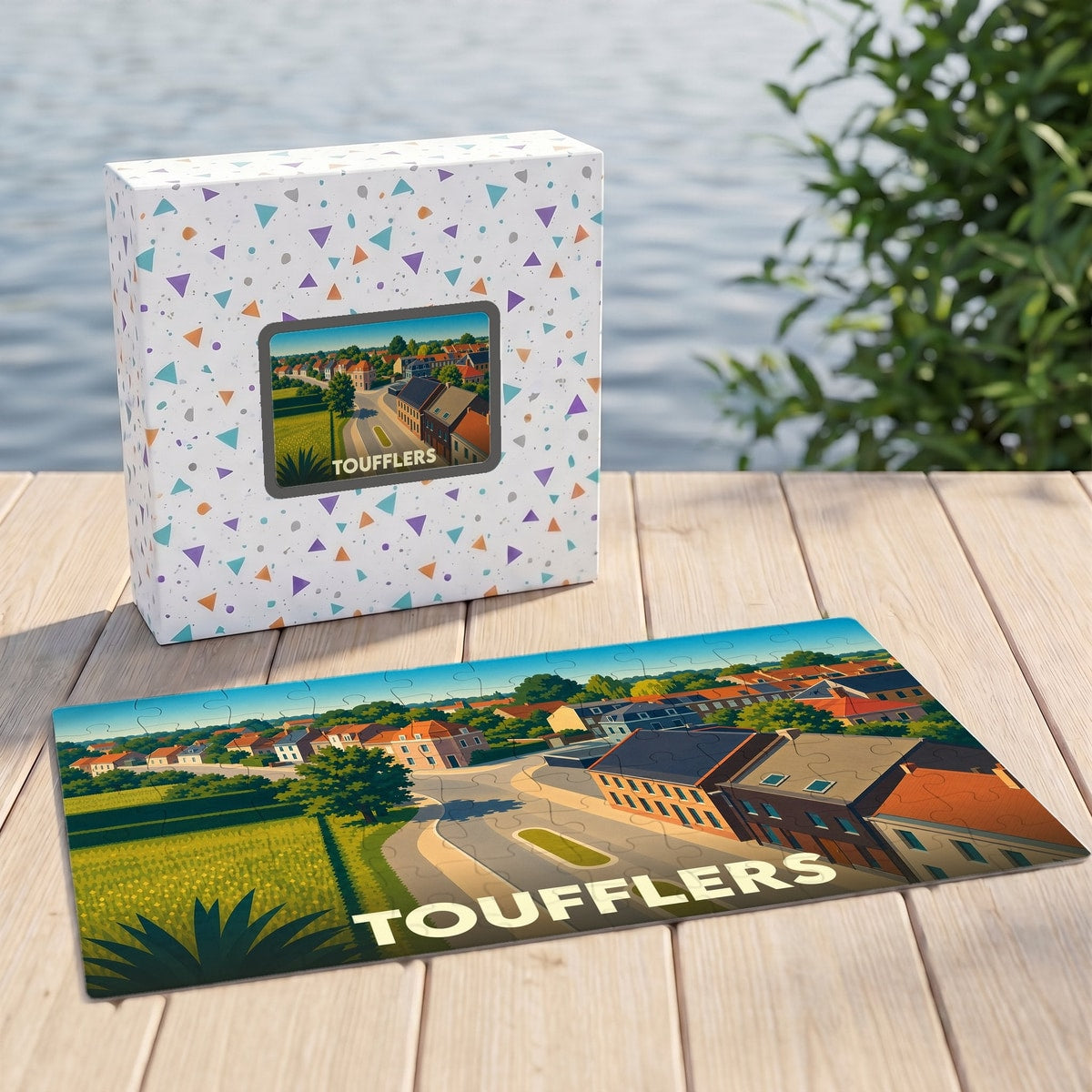 Puzzle souvenir de la ville de Toufflers avec une illustration stylisée et colorée.