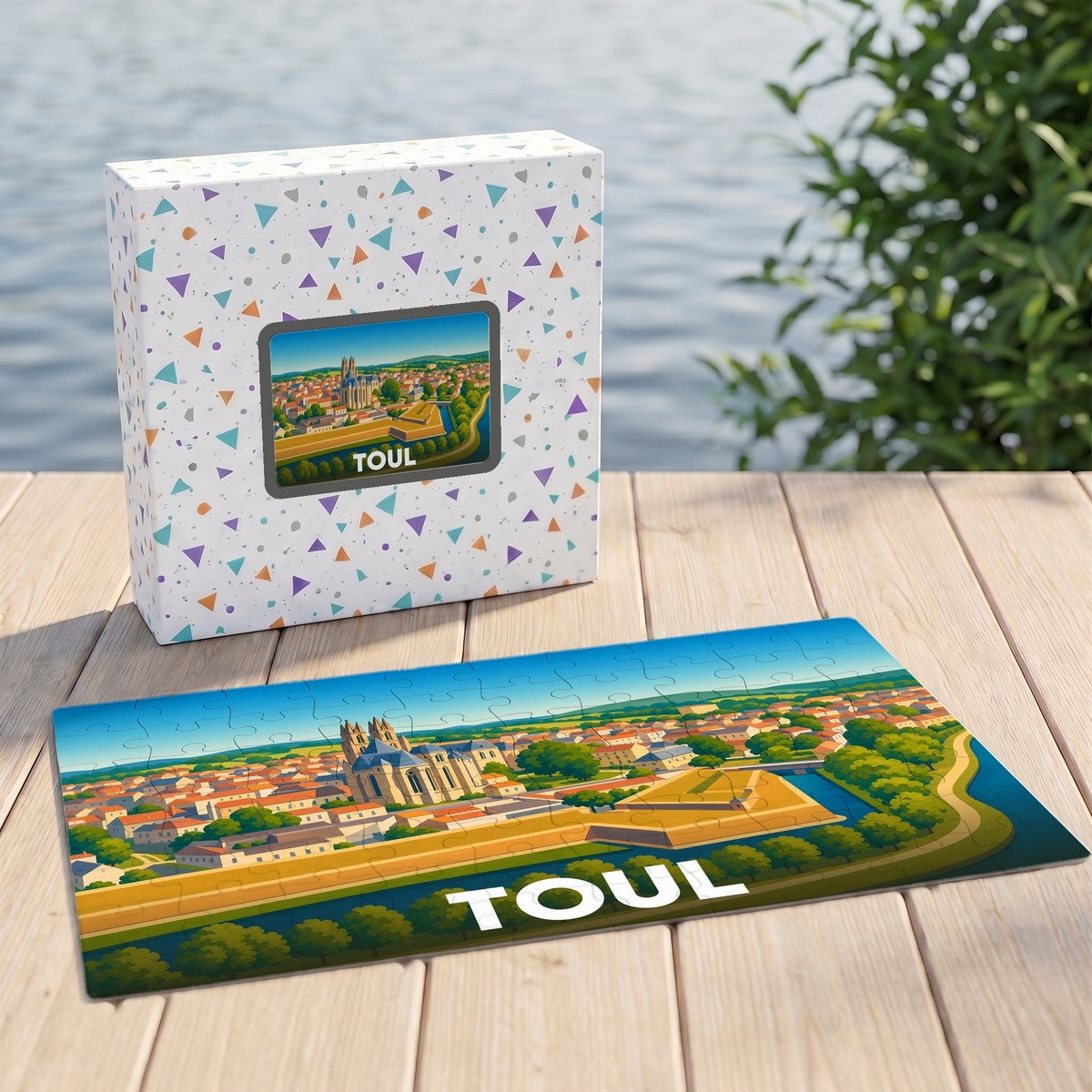 Puzzle souvenir de la ville de Toul avec une illustration stylisée de ses remparts et de sa cathédrale.