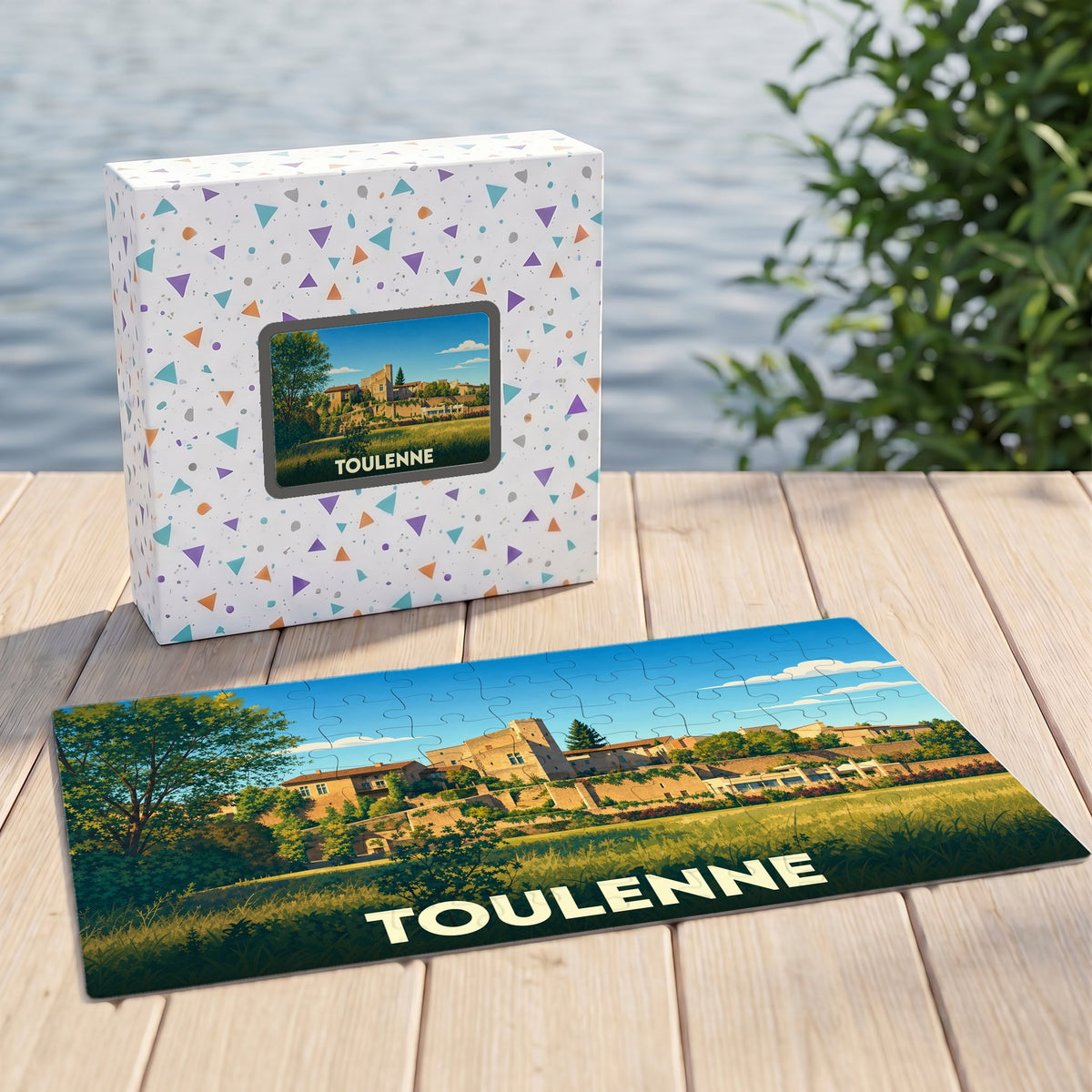 Puzzle souvenir de la ville de Toulenne avec une illustration stylisée.